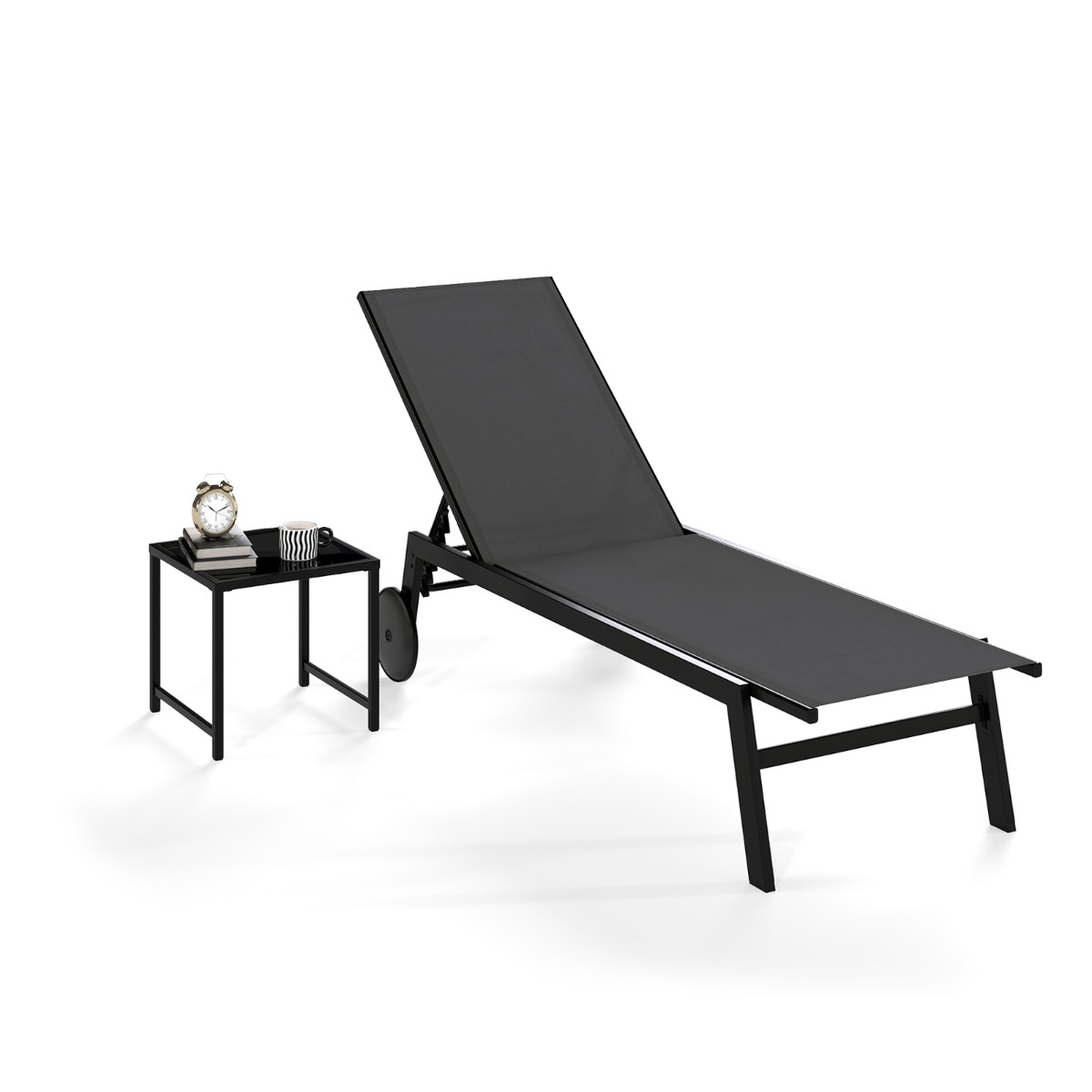 Costway Conjunto 2 Piezas Tumbonas Patio Sillón Reclinable Tela Transpirable Mesa Cristal Templado Respaldo Ajustable Ruedas Exterior Gris y Negro