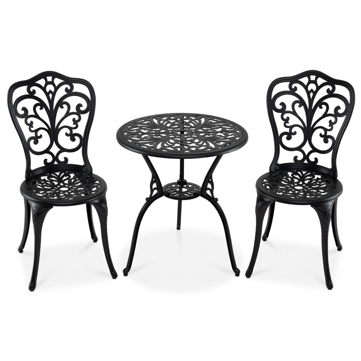 Costway Conjunto Bistró 3 Piezas Aluminio Fundido Mesa y Sillas con Agujero Sombrilla Respaldo Diseño Mariposa Exterior Jardín Balcón Patio Negro