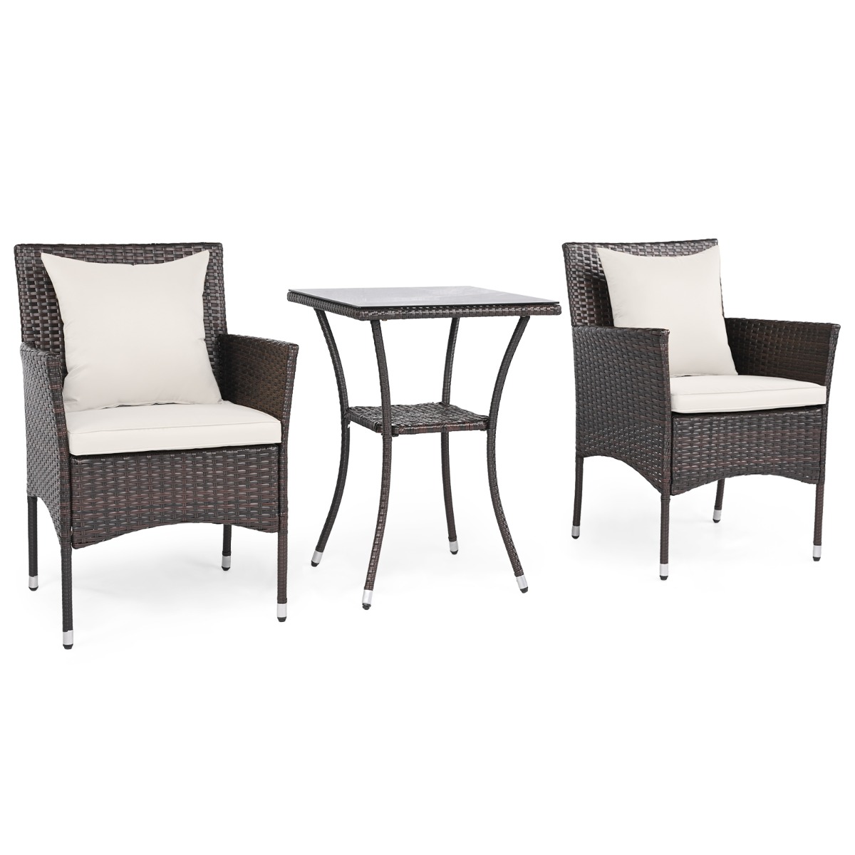 Costway Conjunto Bistro para Patio de 3 Piezas Sillas Ratán Mimbre Marrón Mixto con Mesa Doble Capa Cristal Templado Cojines Blanco