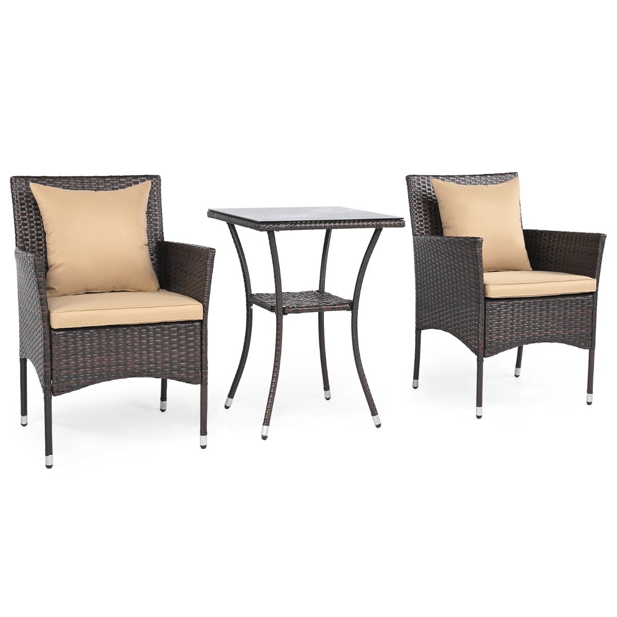 Costway Conjunto Bistro para Patio de 3 Piezas Sillas Ratán Mimbre Marrón Mixto con Mesa Doble Capa Cristal Templado Cojines Caqui