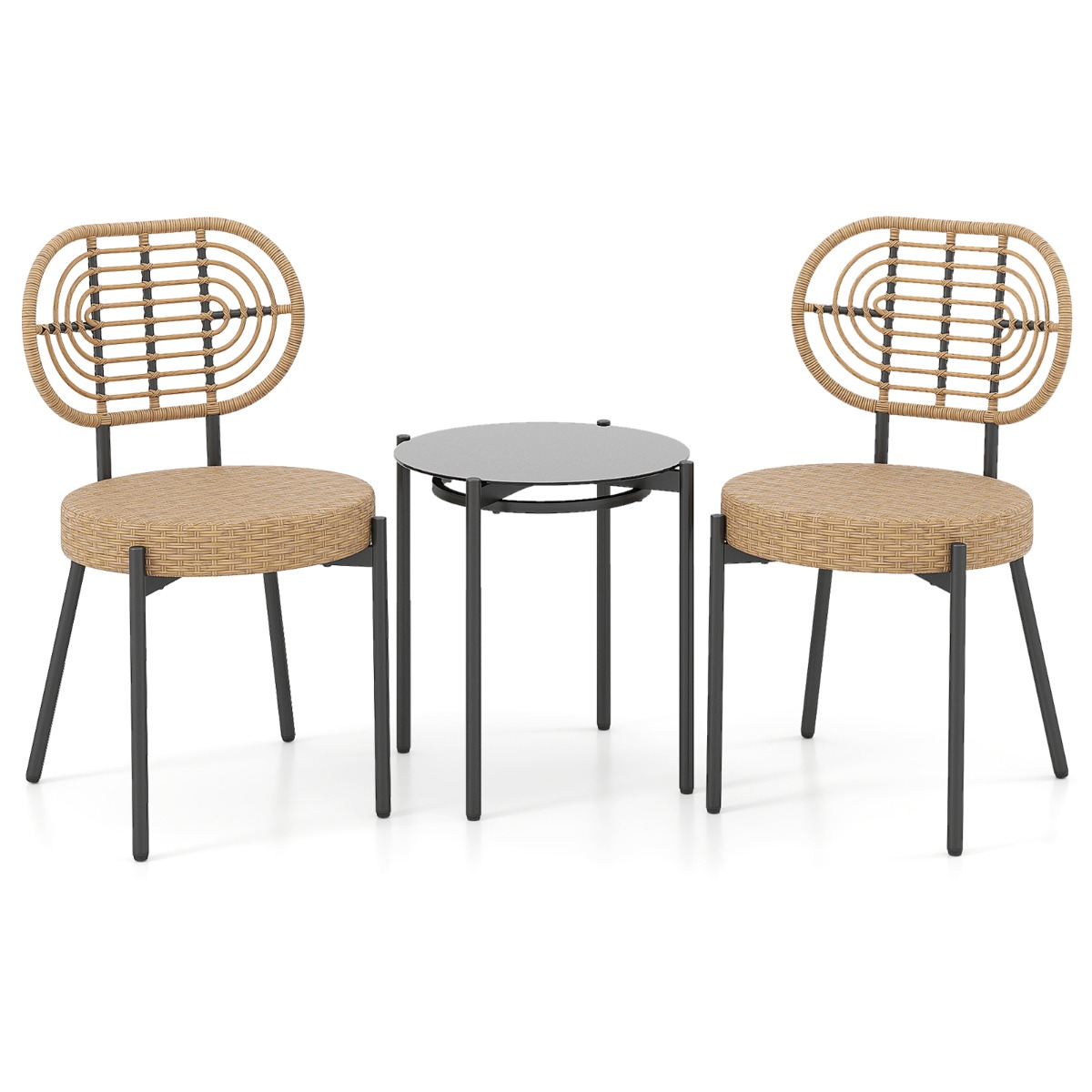 Costway Conjunto Bistró PE Ratán 3 Piezas con Mesa de Café de Vidrio Templado Muebles Exterior para Porche Balcón Terraza y Patio Caqui