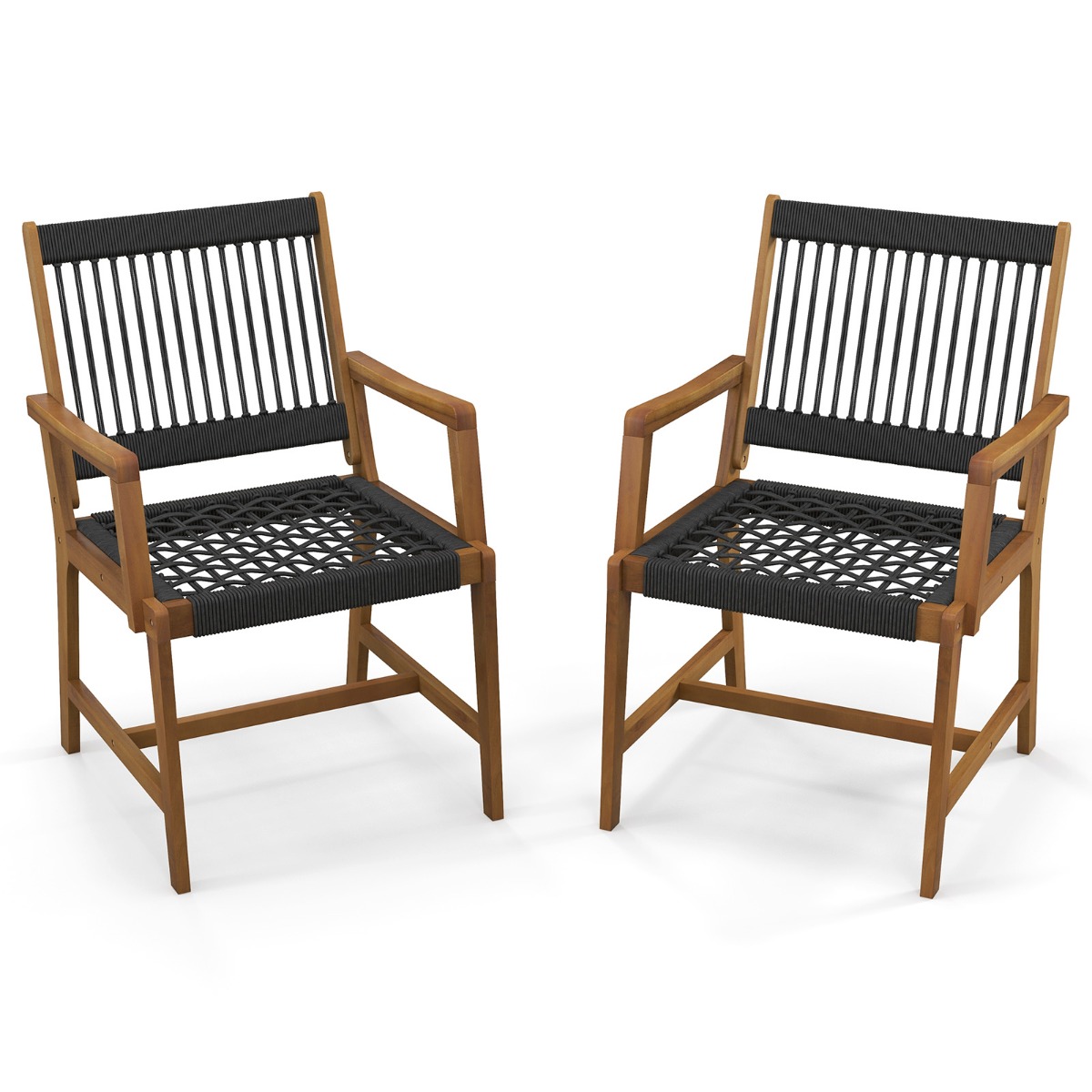 Costway Conjunto de 2 Sillas de Comedor de Madera de Acacia para Exteriores con Cuerda Resistente Clima y Reposabrazos 64 x 57 x 90 cm Natural