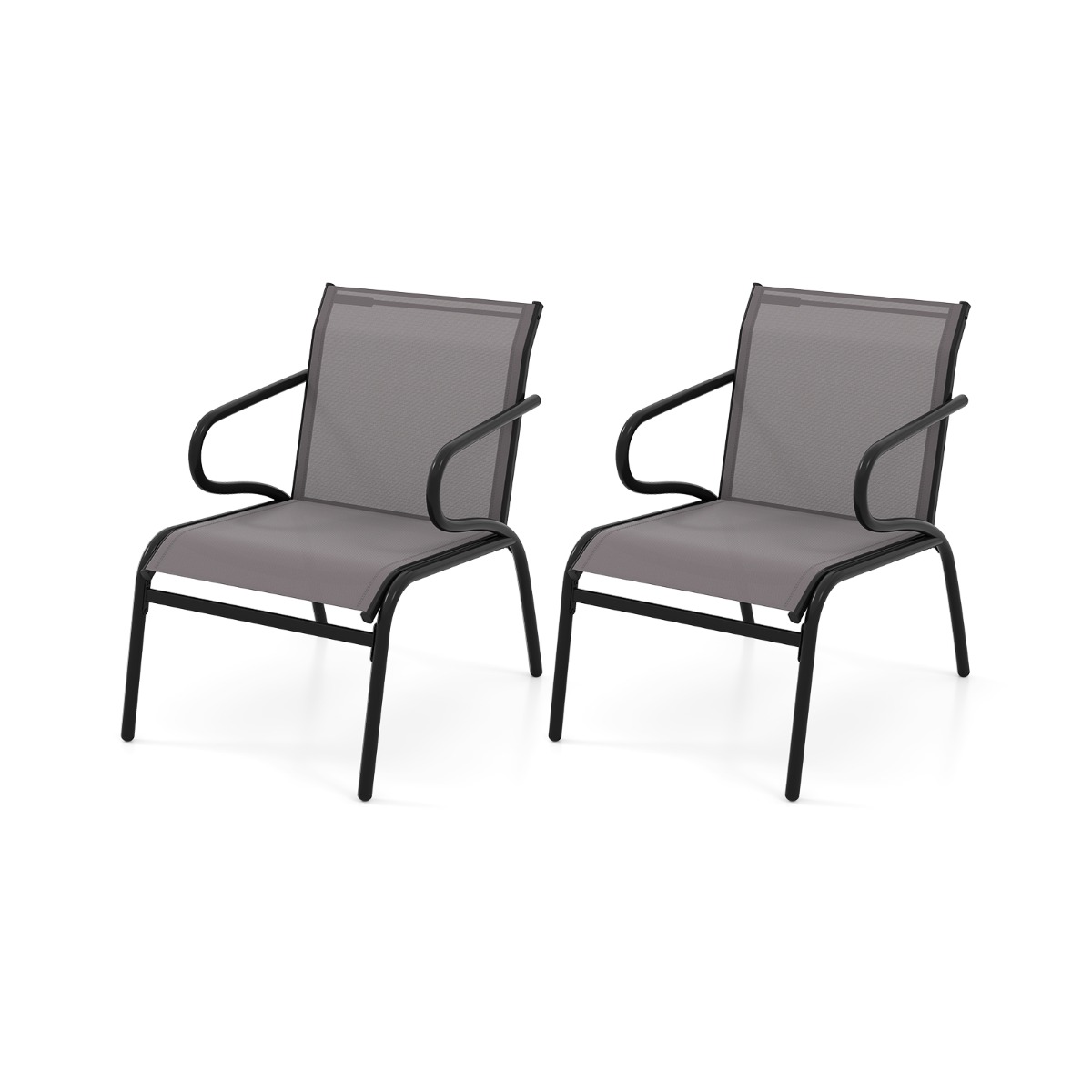 Costway Conjunto de 2 Sillas para Exteriores Juego de Muebles de Jardín con Respaldo Alto y Reposabrazos Sillas Apilables con Tejido Transpirable Gris