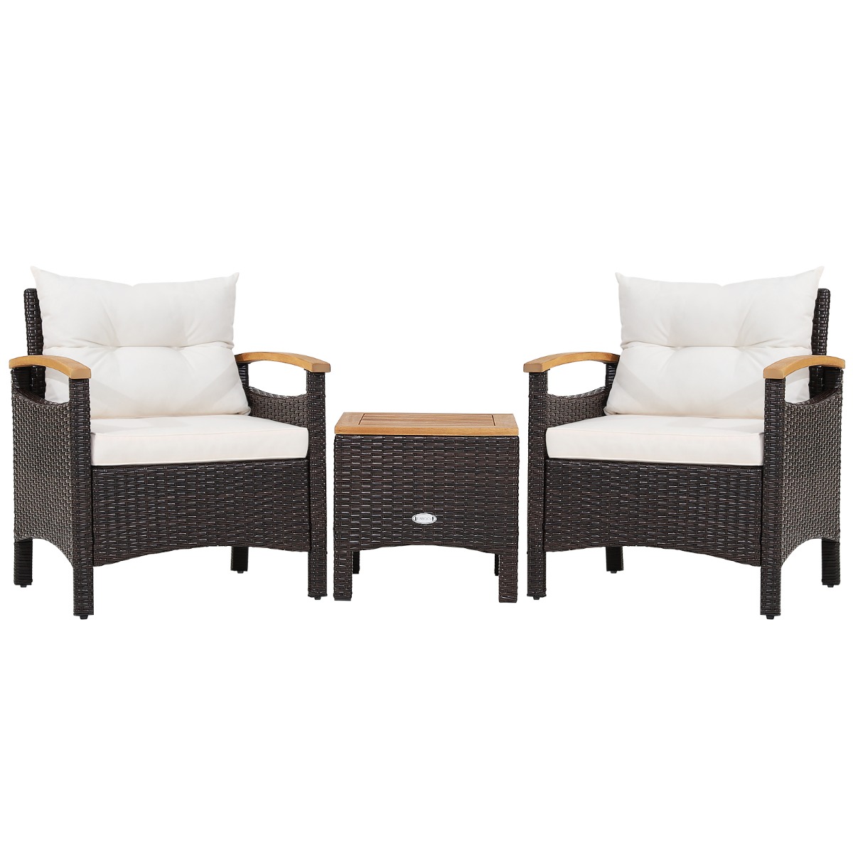 Costway Conjunto de 3 Piezas de Muebles de Patio con Mesa de Café Cojín Desmontable Apoyabrazos de Madera de Acacia para Patio Piscina Blanco