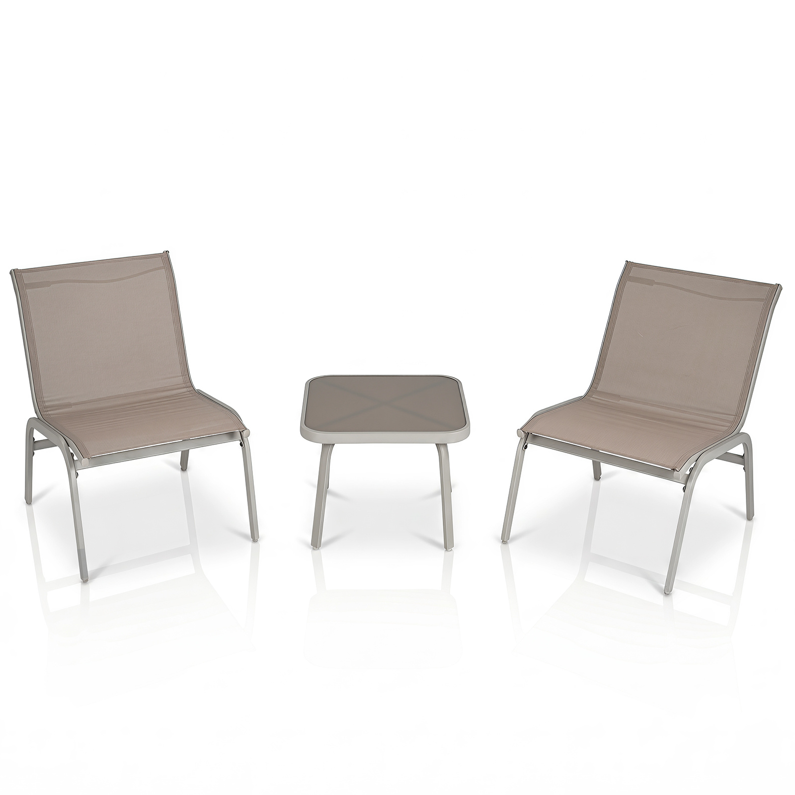 Costway Conjunto de 3 Piezas para Exterior con Mesa de Vidrio Templado y 2 Sillas con Respaldo y Estructura de Acero para Balcón Patio Beige