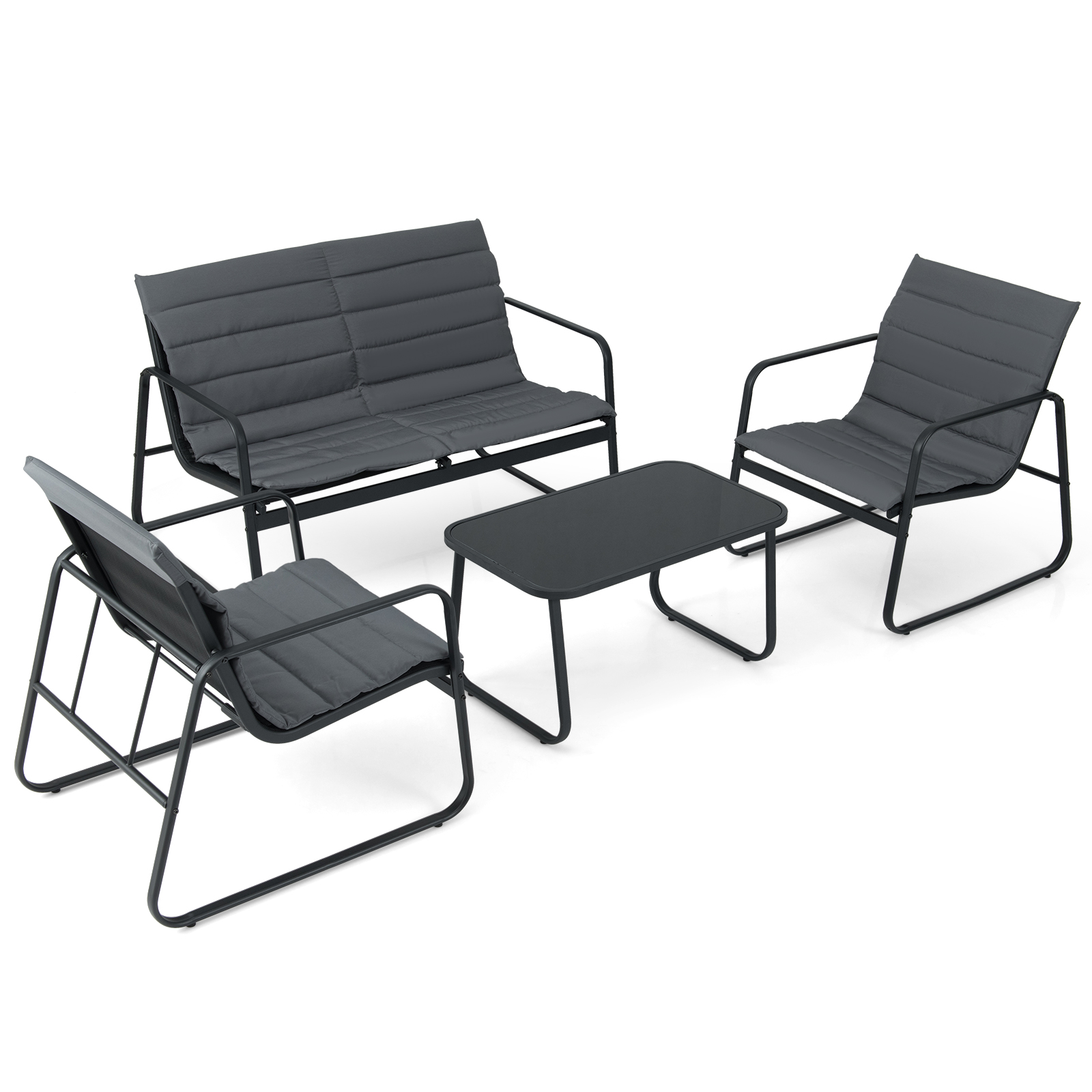 Costway Conjunto de 4 Piezas para Exterior con Cojines y Mesa de Café de Vidrio Templado Muebles de Conversación para Jardín Balcón o Patio