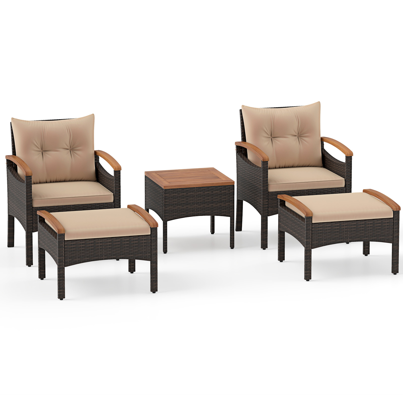 Costway Conjunto de 5 Piezas de Mimbre para Patio con 2 Sillones 2 Otomanas Mesa Auxiliar Cojines y Tablero de Madera de Acacia Caqui