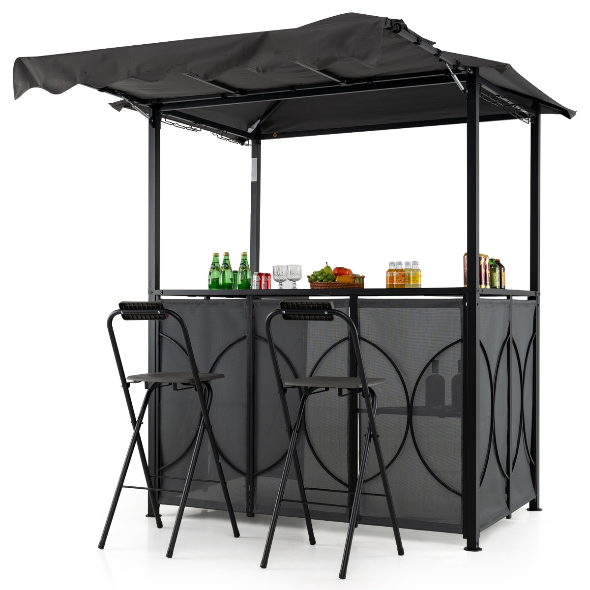 Costway Conjunto de Bar de Jardín Cenador de Barbacoa de Mesa de Bar y 2 Taburetes Plegables con Estantes de Metal para Patio 193 x 117 x 240 cm Gris