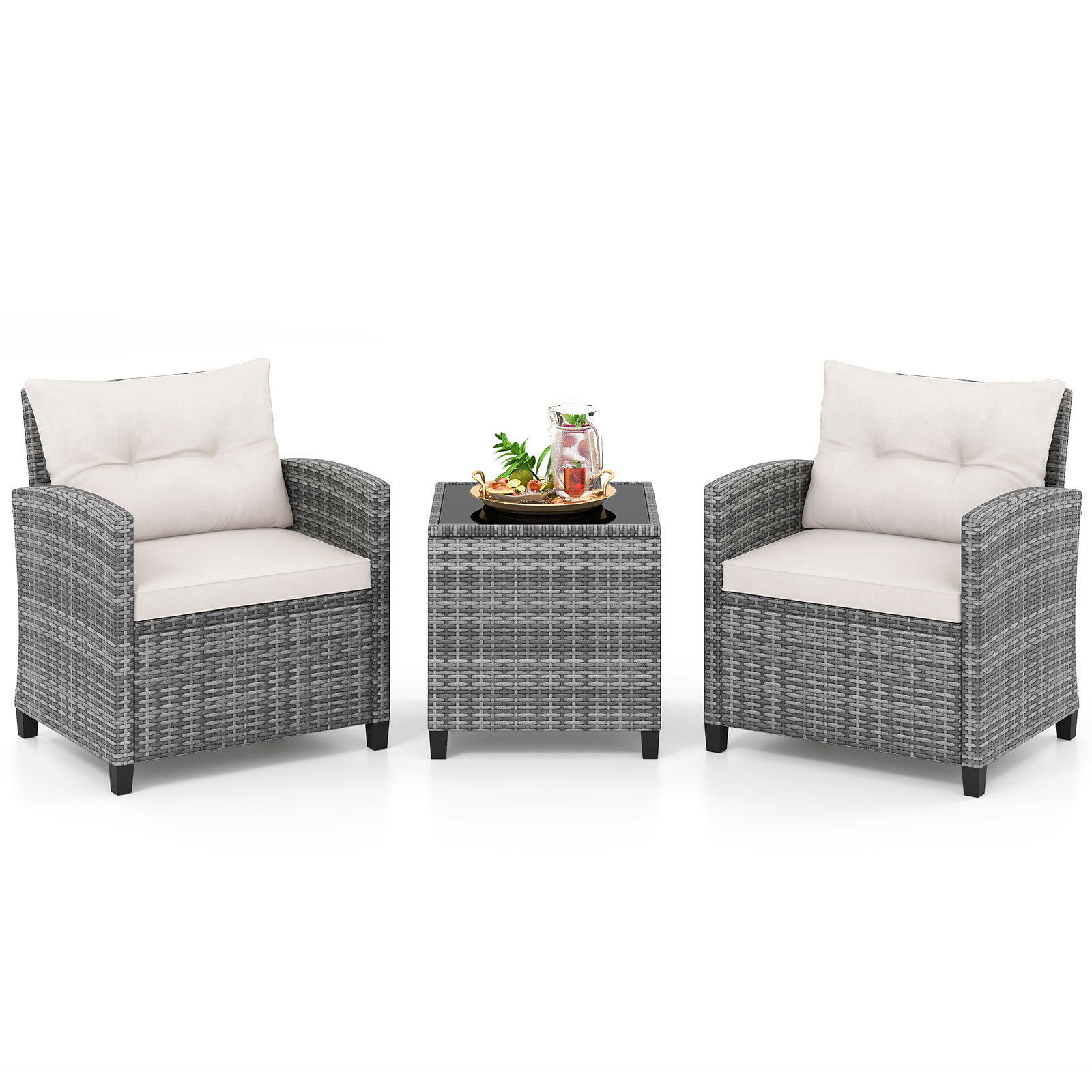 Costway Conjunto de Bistró Exterior de 3 Piezas Sillas de Ratán y Mesa con Tablero de Cristal Templado para Patio con Cojines Beige