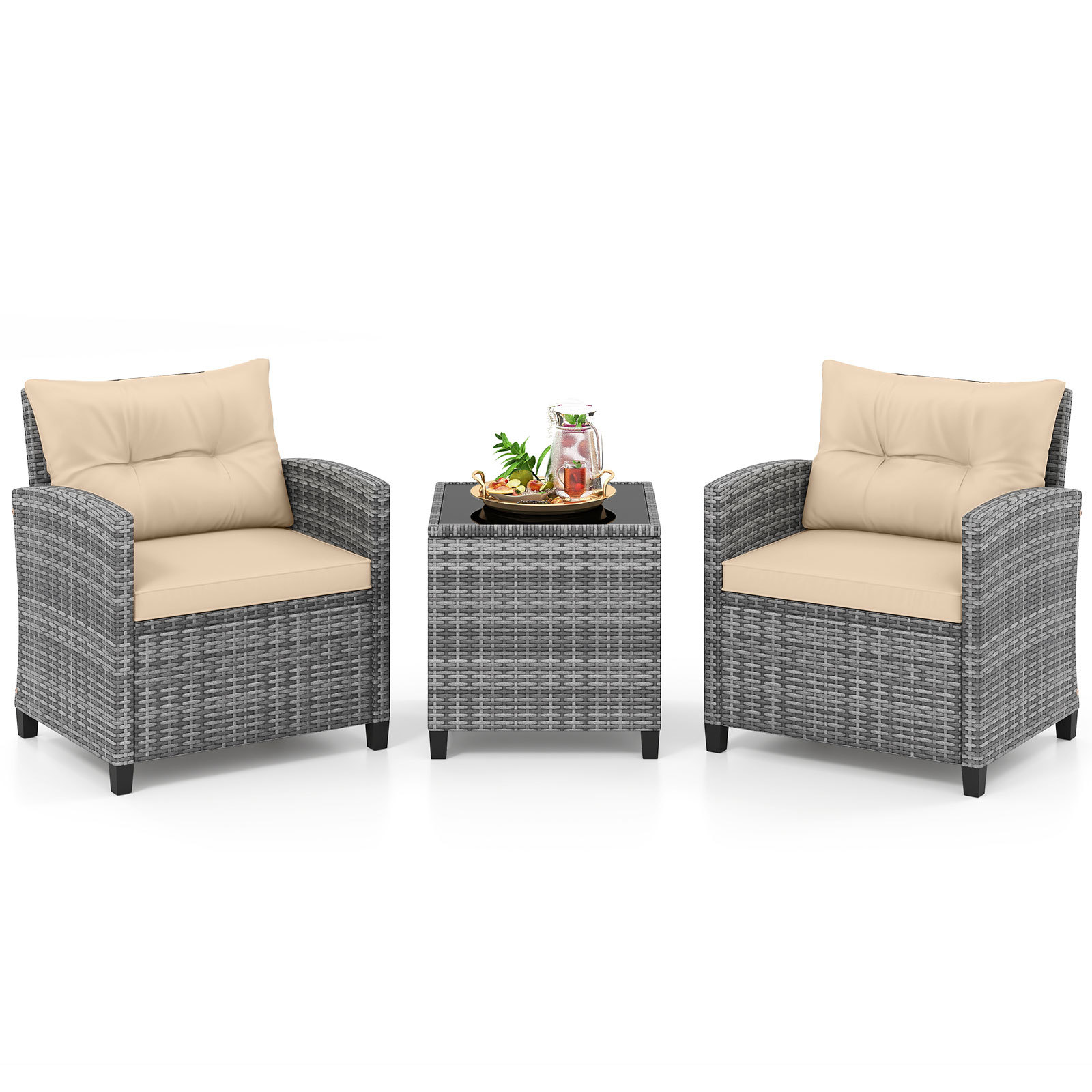 Costway Conjunto de Bistró Exterior de 3 Piezas Sillas de Ratán y Mesa con Tablero de Cristal Templado para Patio con Cojines Café
