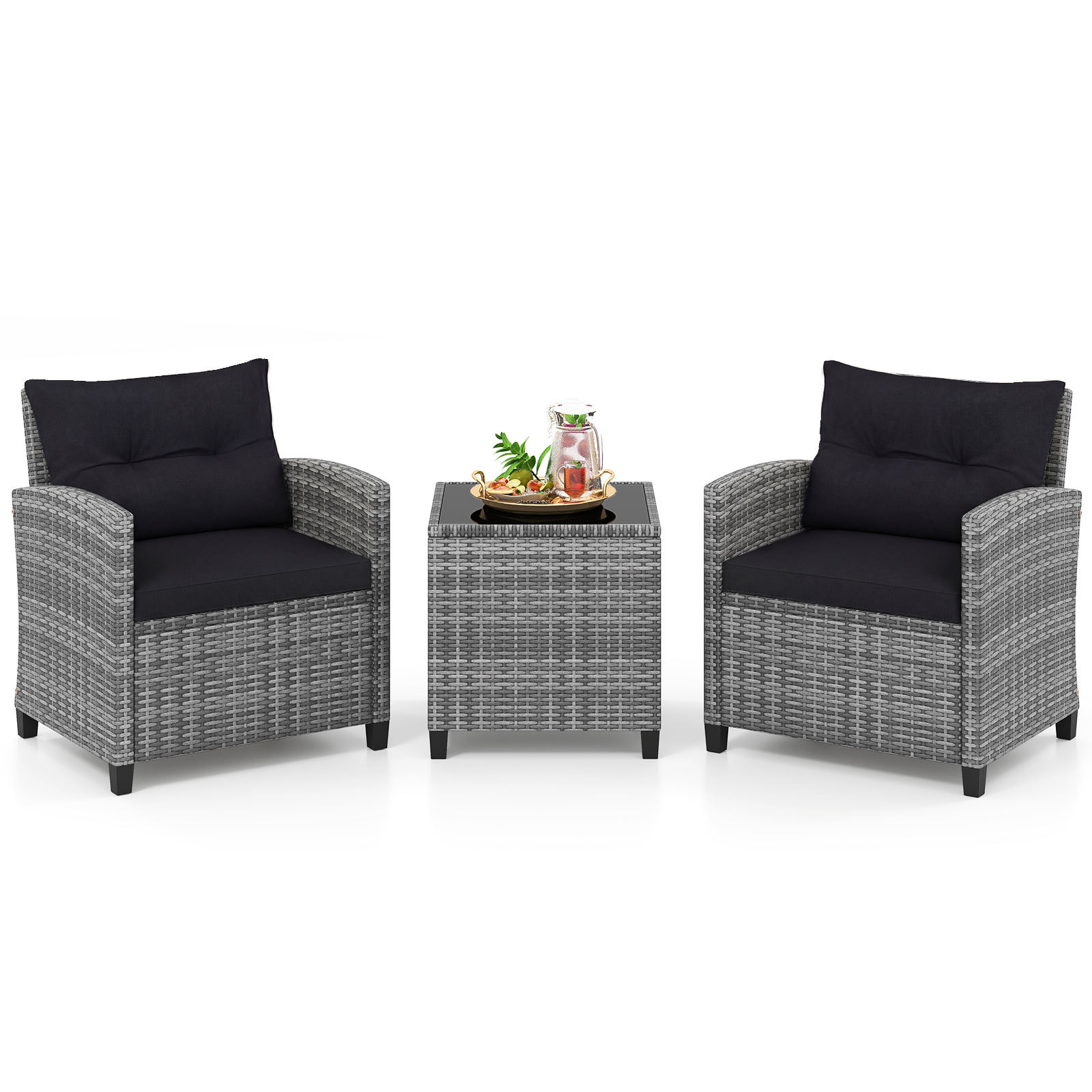 Costway Conjunto de Bistró Exterior de 3 Piezas Sillas de Ratán y Mesa con Tablero de Cristal Templado para Patio con Cojines Negro