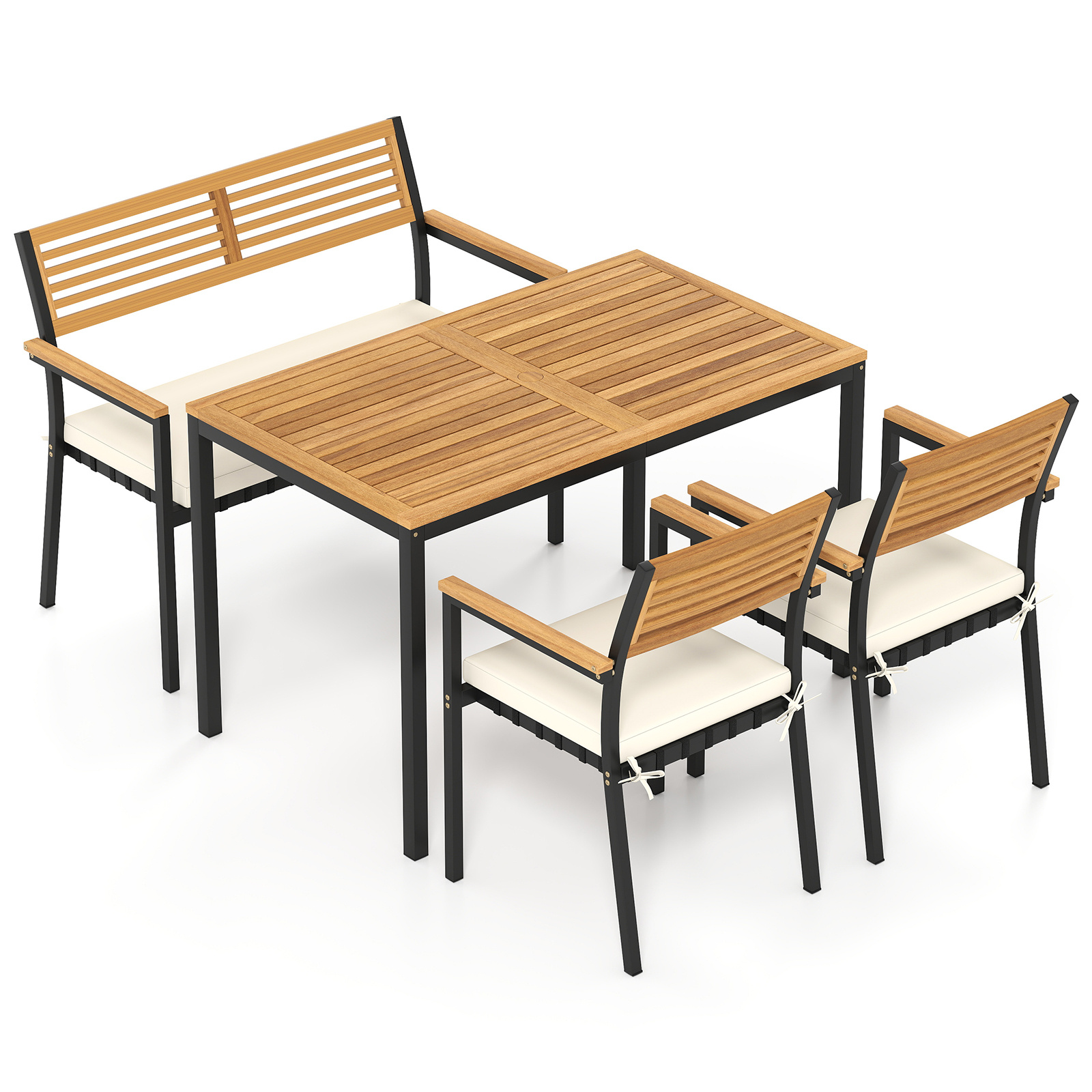 Costway Conjunto de Comedor Exterior 4 Piezas con Mesa 2 Sillas Sofá 2P Cojines Madera y Metal Orificio Sombrilla para Patio Terraza