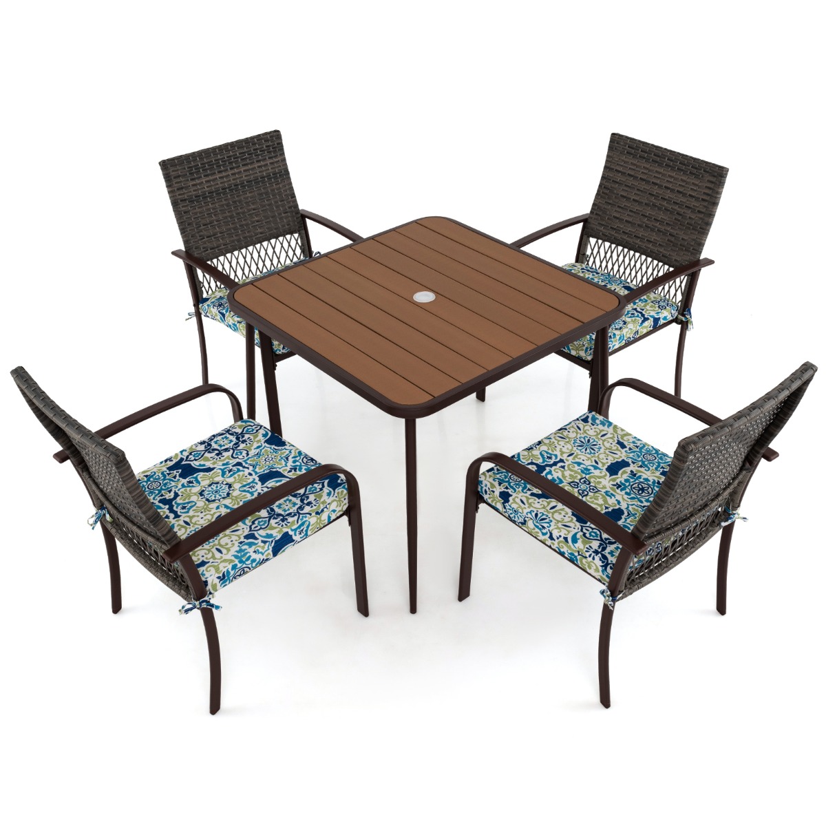 Costway Conjunto de Comedor para Jardín 4 Sillas de Ratán con Cojines y Mesa Cuadrada con Agujero para Sombrilla