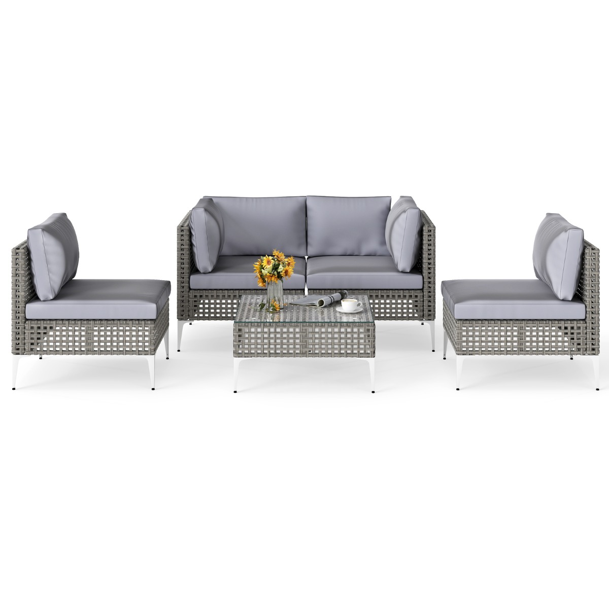 Costway Conjunto de Jardín de 5 Piezas Muebles de Exterior de Ratán con Mesa de Centro de Vidrio Templado Cojines de Asiento y Respaldo Gris