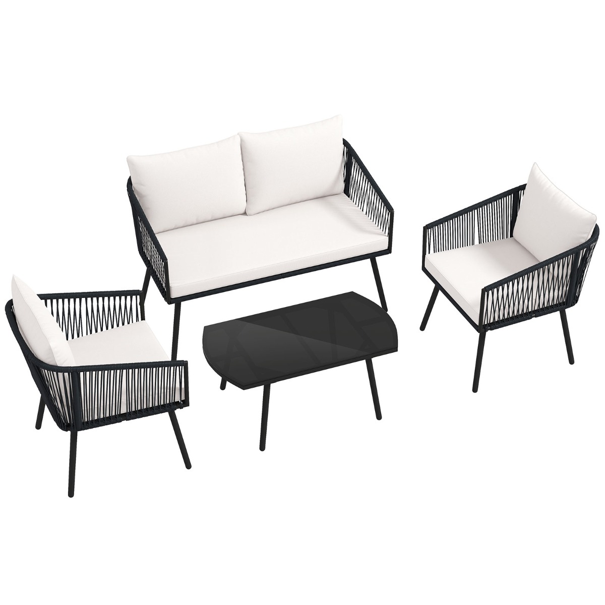 Costway Conjunto de Jardín para 4 Personas Muebles de Exterior de Ratán con Sillón de 2 Plazas 2 Sillas Mesa de Centro de Vidrio Templado Blanco