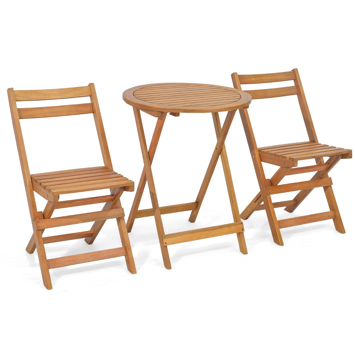 Costway Conjunto de Mesa Redonda y 2 Sillas Plegables de Madera de Acacia para Exterior Interior Mesa y Sillas para Patio Balcón Jardín Natural