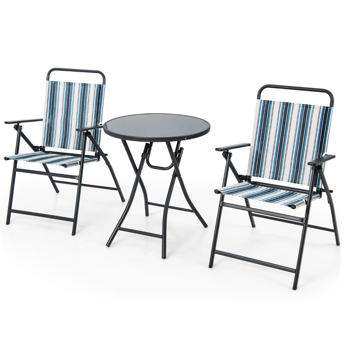 Costway Conjunto de Mesa y 2 Sillas Plegables para Jardín con Tela Texteline Transpirable y Marco de Metal para Patio Trasero Piscina y Balcón