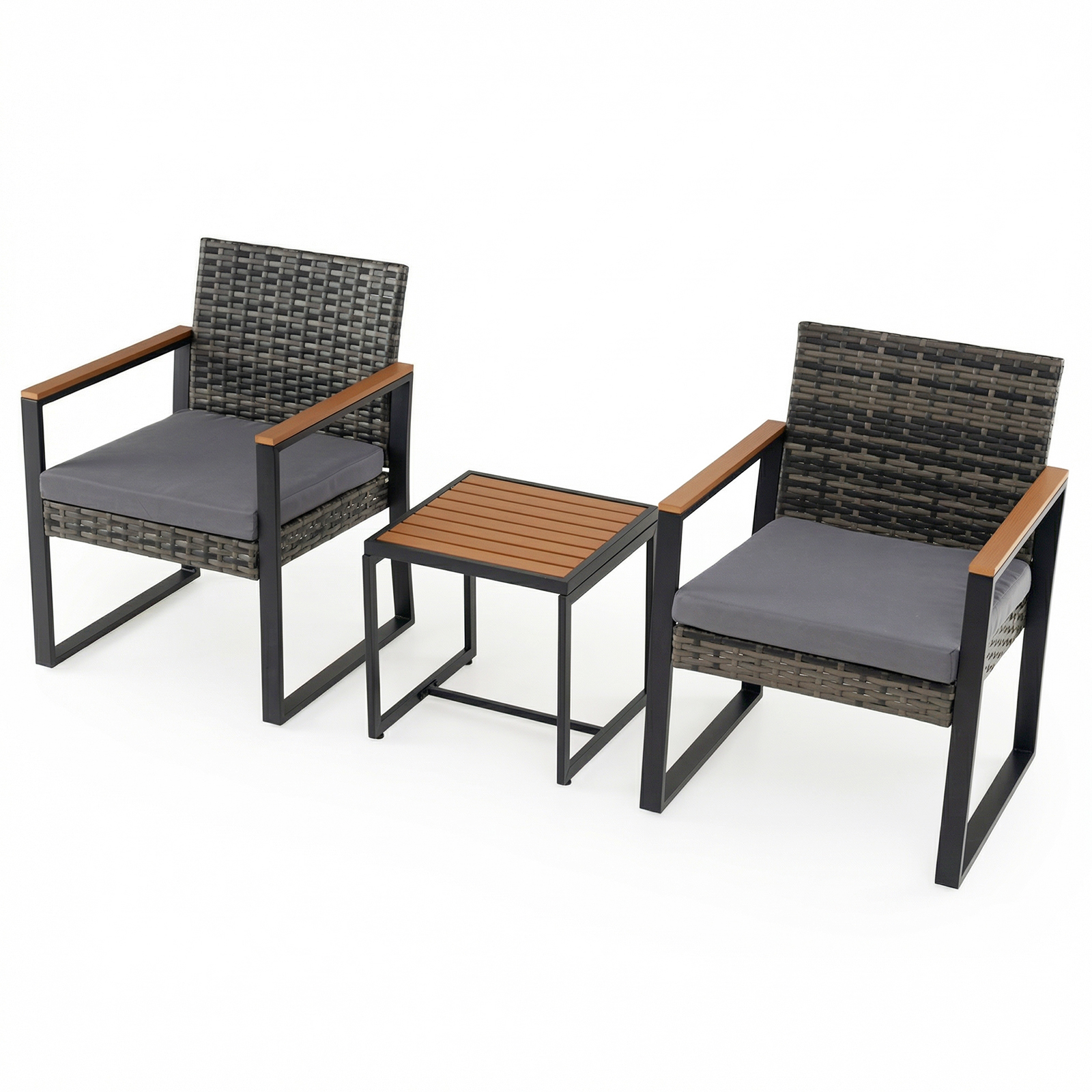 Costway Conjunto de Muebles de Jardín de 3 Piezas de Ratán PE con Mesa y Sillas de Exterior con Respaldo Inclinado y Cojines Color Gris para Patio Terraza o J