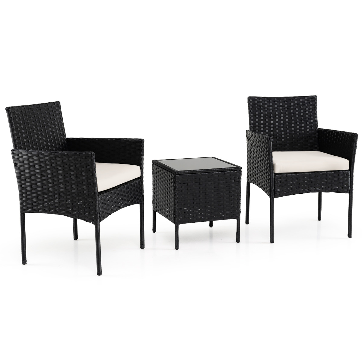 Costway Conjunto de Muebles de Jardín de 3 Piezas Juego de Conversación de Ratán con 2 Sillas Mesa Auxiliar de Vidrio para Terraza Patio Balcón Beige