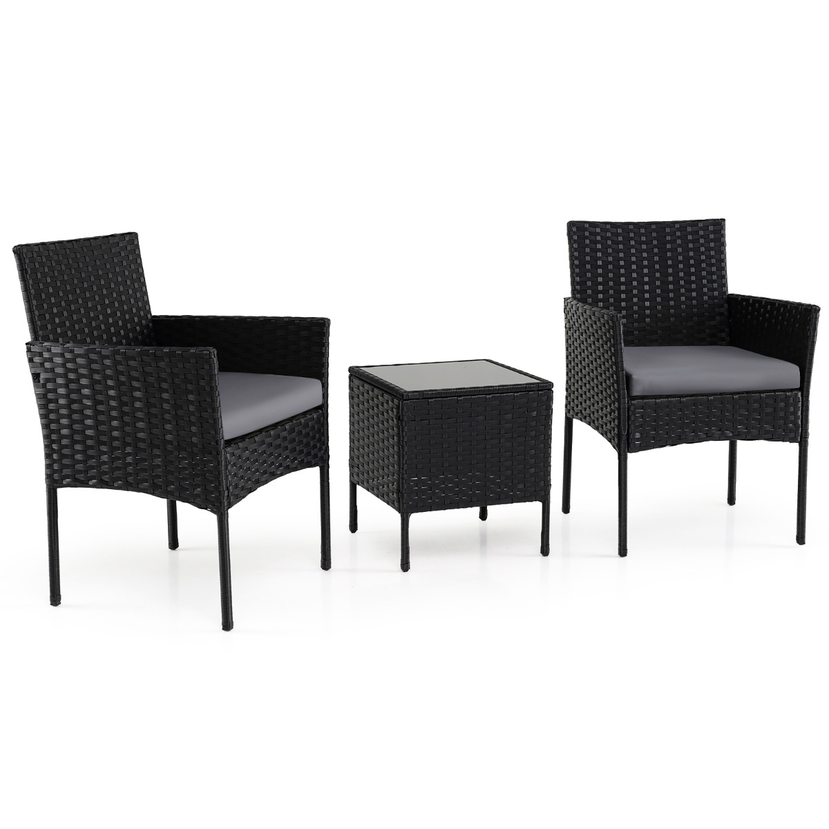 Costway Conjunto de Muebles de Jardín de 3 Piezas Juego de Conversación de Ratán con 2 Sillas Mesa Auxiliar de Vidrio para Terraza Patio Balcón Gris