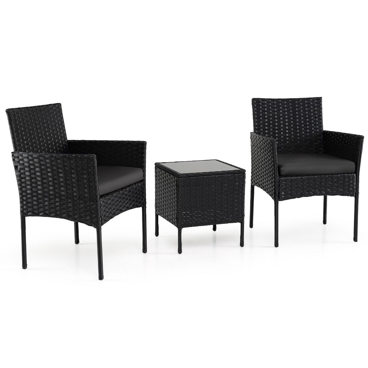 Costway Conjunto de Muebles de Jardín de 3 Piezas Juego de Conversación de Ratán con 2 Sillas Mesa Auxiliar de Vidrio para Terraza Patio Balcón Negro