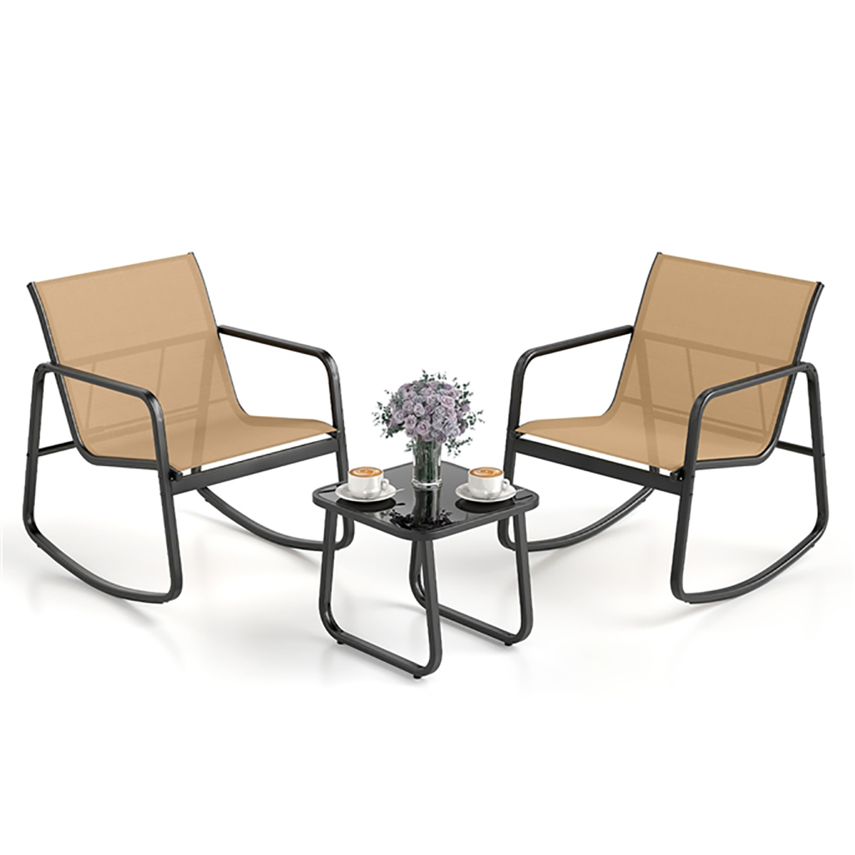 Costway Conjunto de Muebles de Jardín de 4 Piezas con Suave Movimiento de Balanceo Conjunto de Muebles para Terraza Juego de Asientos Marrón