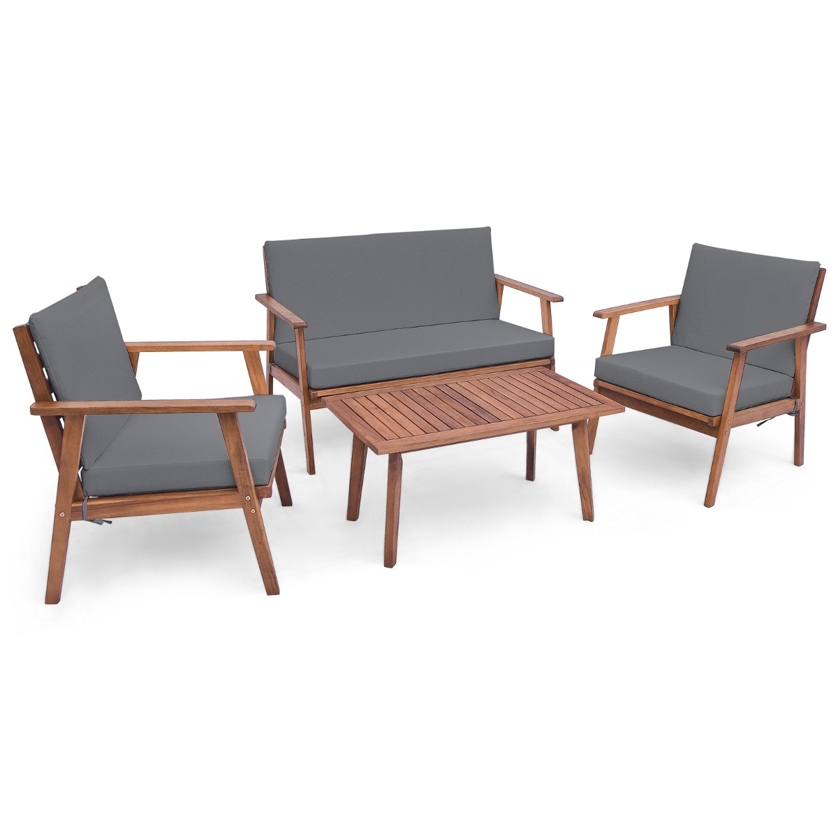 Costway Conjunto de Muebles de Jardín de 4 Piezas en Madera de Acacia con 1 Mesa de Centro 2 Sillas 1 Sofá para Patio Terraza Balcón Gris