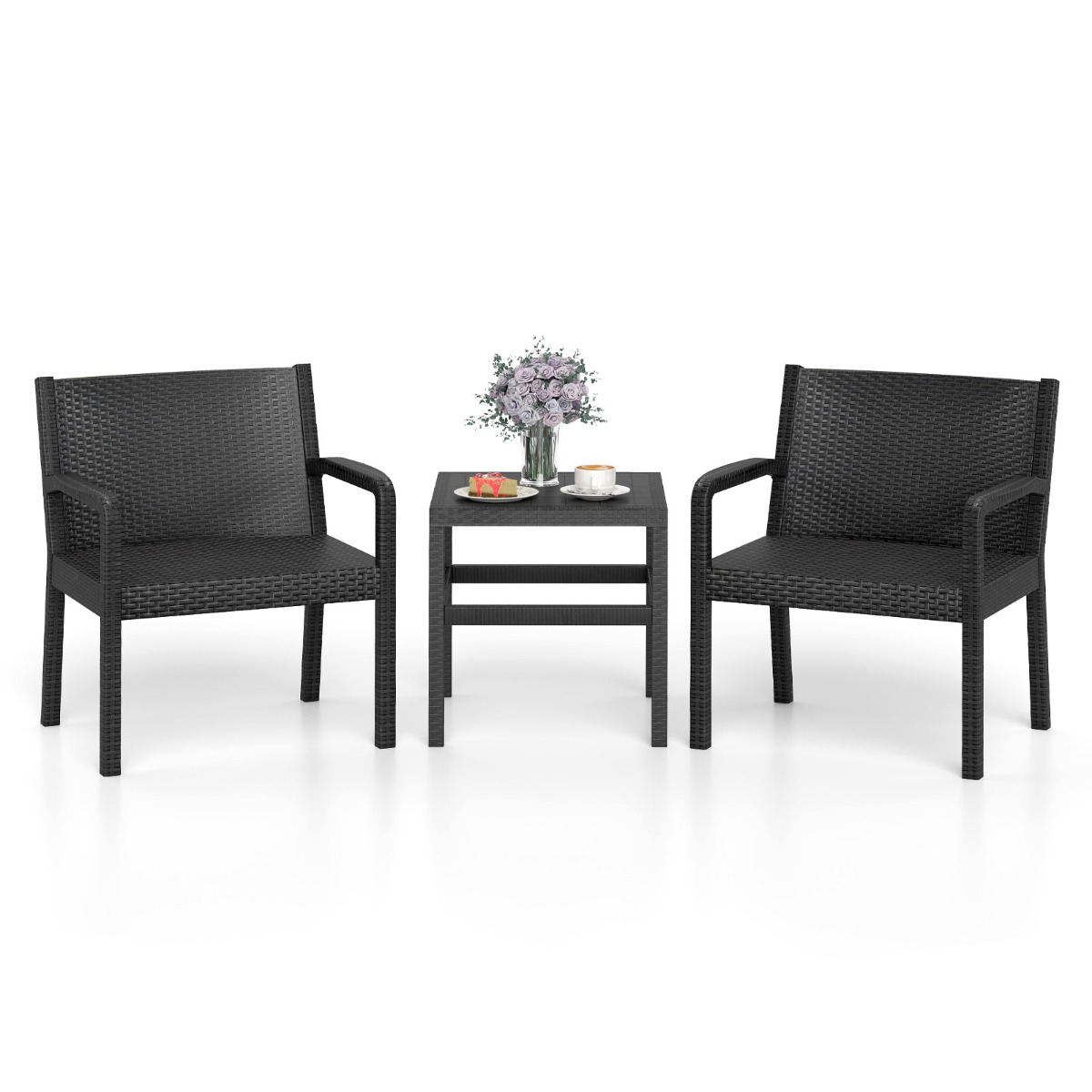 Costway Conjunto de Muebles de Patio de 3 Piezas Conjunto de Conversación al Aire Libre con 2 Sillón de Ratán y Mesa Auxiliar de Ratán PP Negro