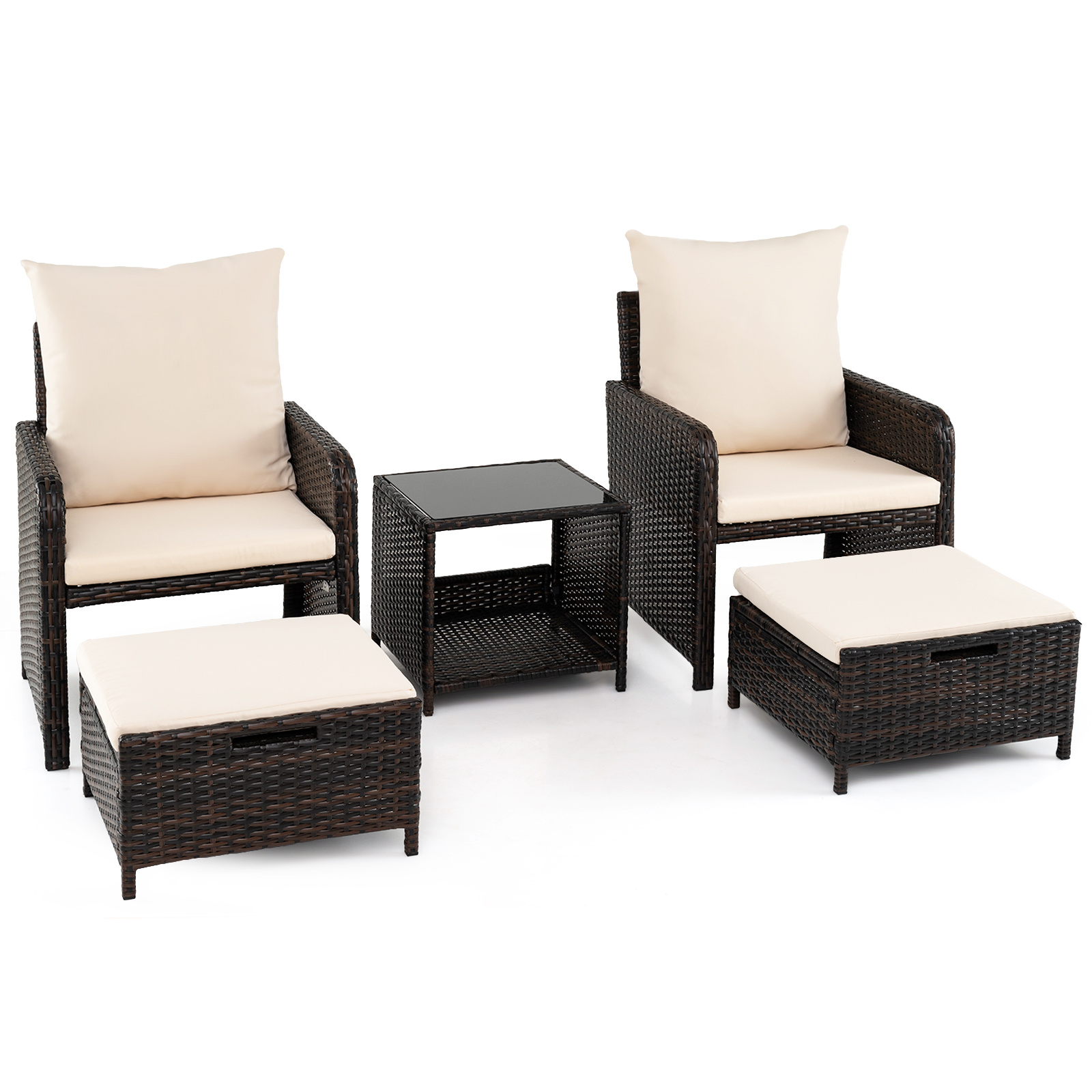 Costway Conjunto de Muebles de Ratán 5 Piezas con Cojines Beige y Mesa Vidrio Templado para Terraza Jardín Exterior