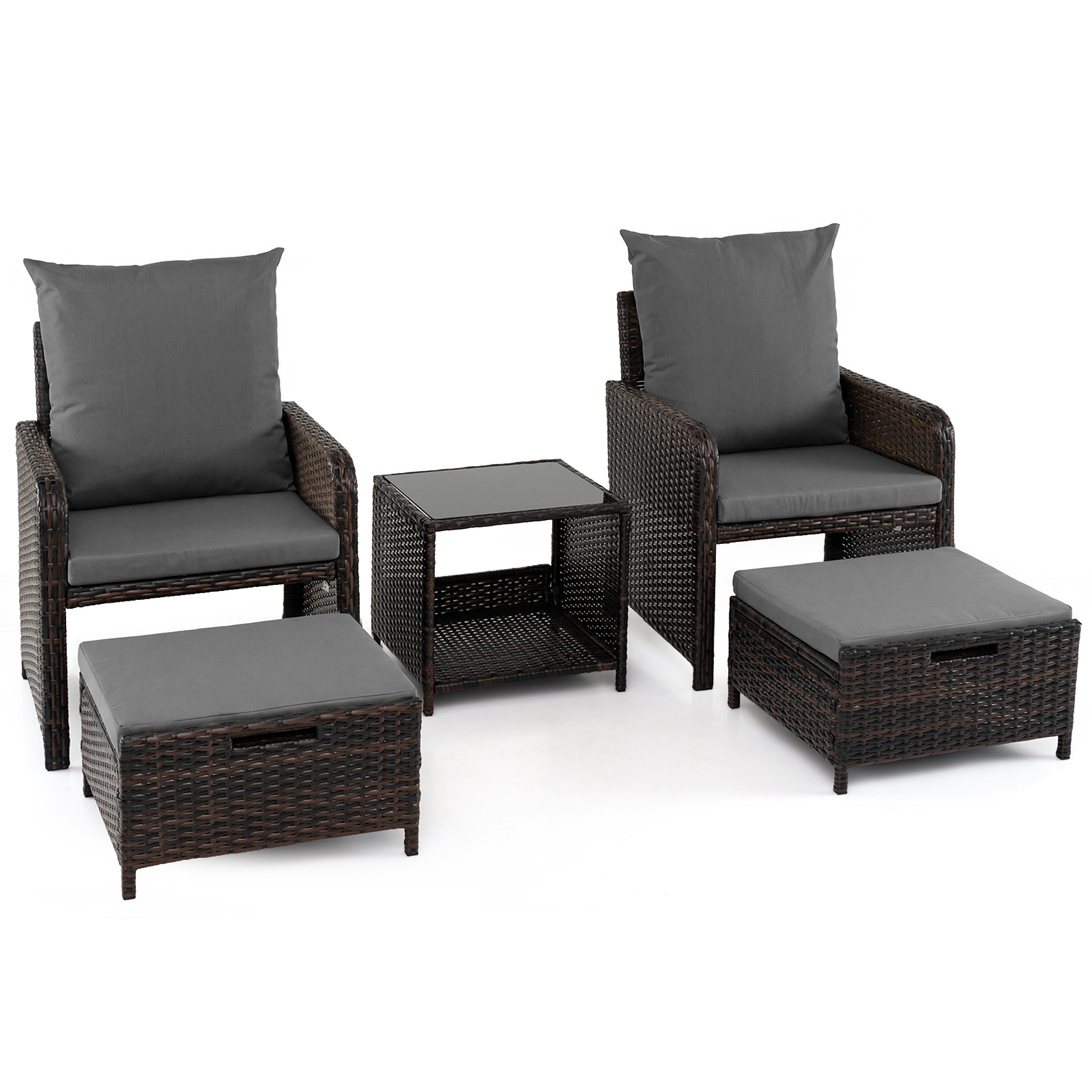 Costway Conjunto de Muebles de Ratán 5 Piezas con Cojines Gris y Mesa Vidrio Templado para Terraza Jardín Exterior