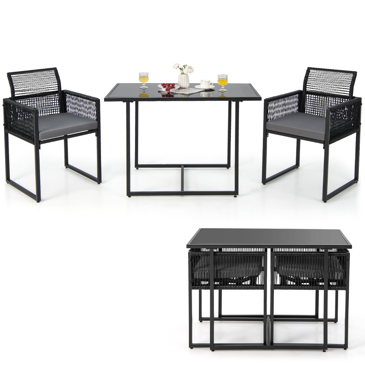 Costway Conjunto de Muebles de Ratán PE para Patio con Respaldo Plegable y Cojines Cómodos Negro