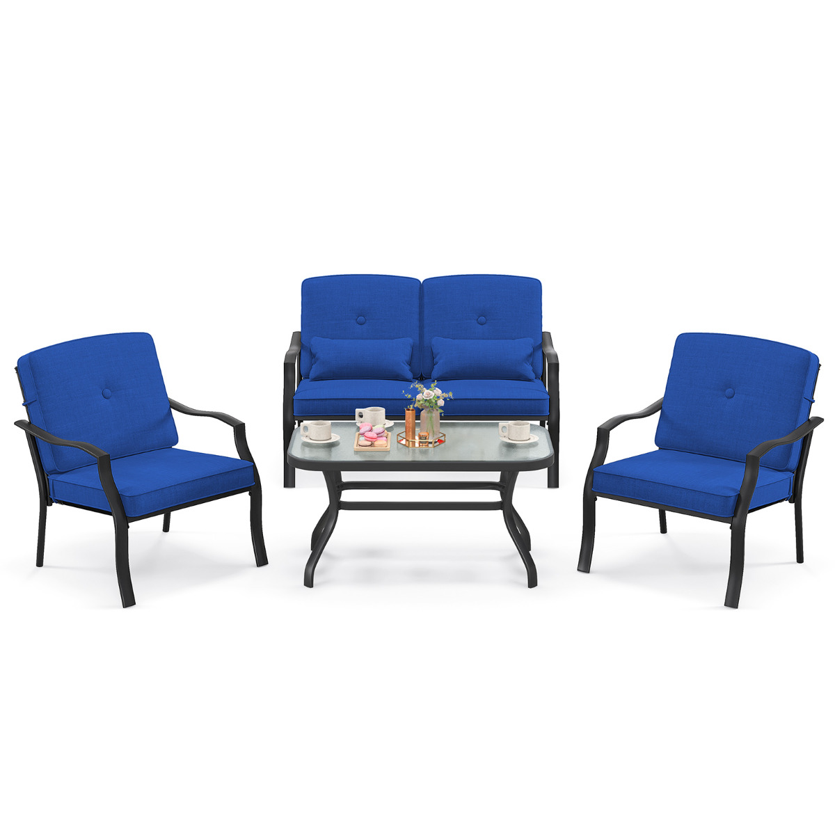 Costway Conjunto de Muebles Exterior de 4 Piezas con 2 Sillas Individual Silla de 2 Plazas Mesa de Vidrio Templado para Jardín Balcón Terraza
