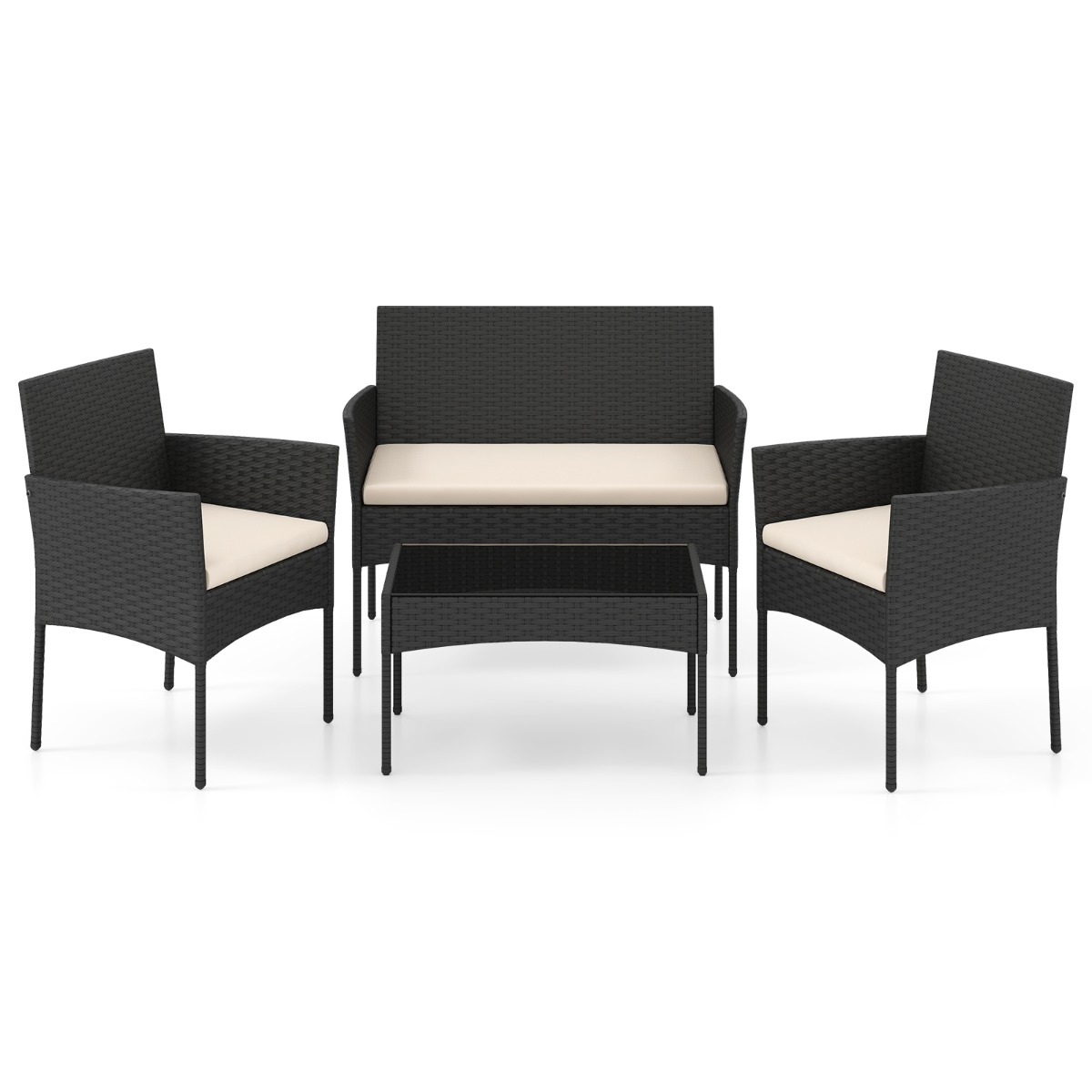 Costway Conjunto de Ratán Jardín 4 Piezas con 2 Sillones Sofá 2 Plazas Mesa Auxiliar Cojines Esponja para Porche Patio Terraza Crema