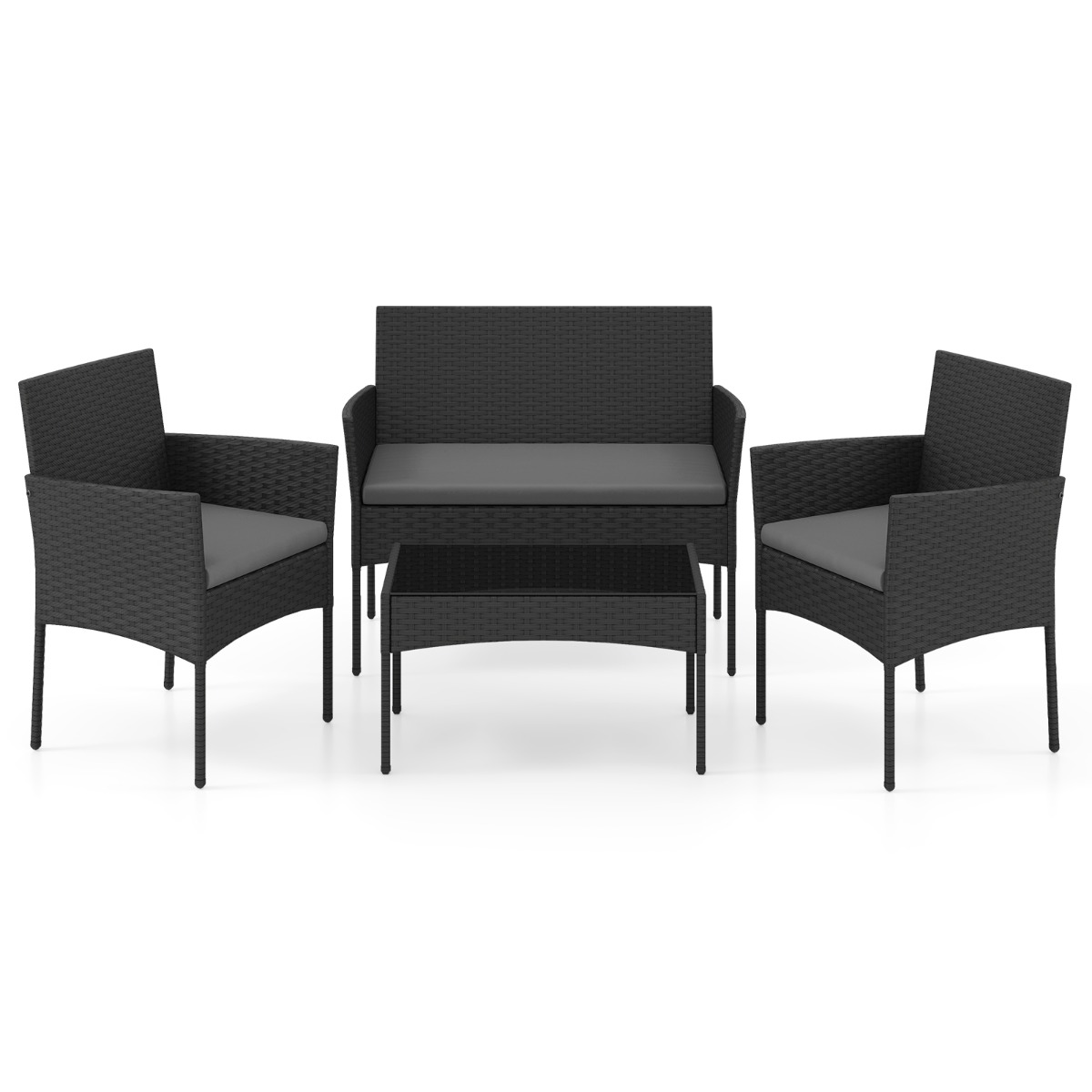 Costway Conjunto de Ratán Jardín 4 Piezas con 2 Sillones Sofá 2 Plazas Mesa Auxiliar Cojines Esponja para Porche Patio Terraza Gris