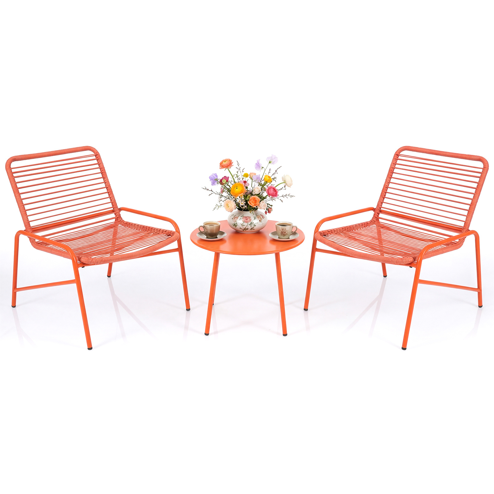 Costway Conjunto de Ratán para Exterior con Respaldo Inclinado y Asiento Curvo Mesa y Sillas para Terraza Piscina Balcones Naranja