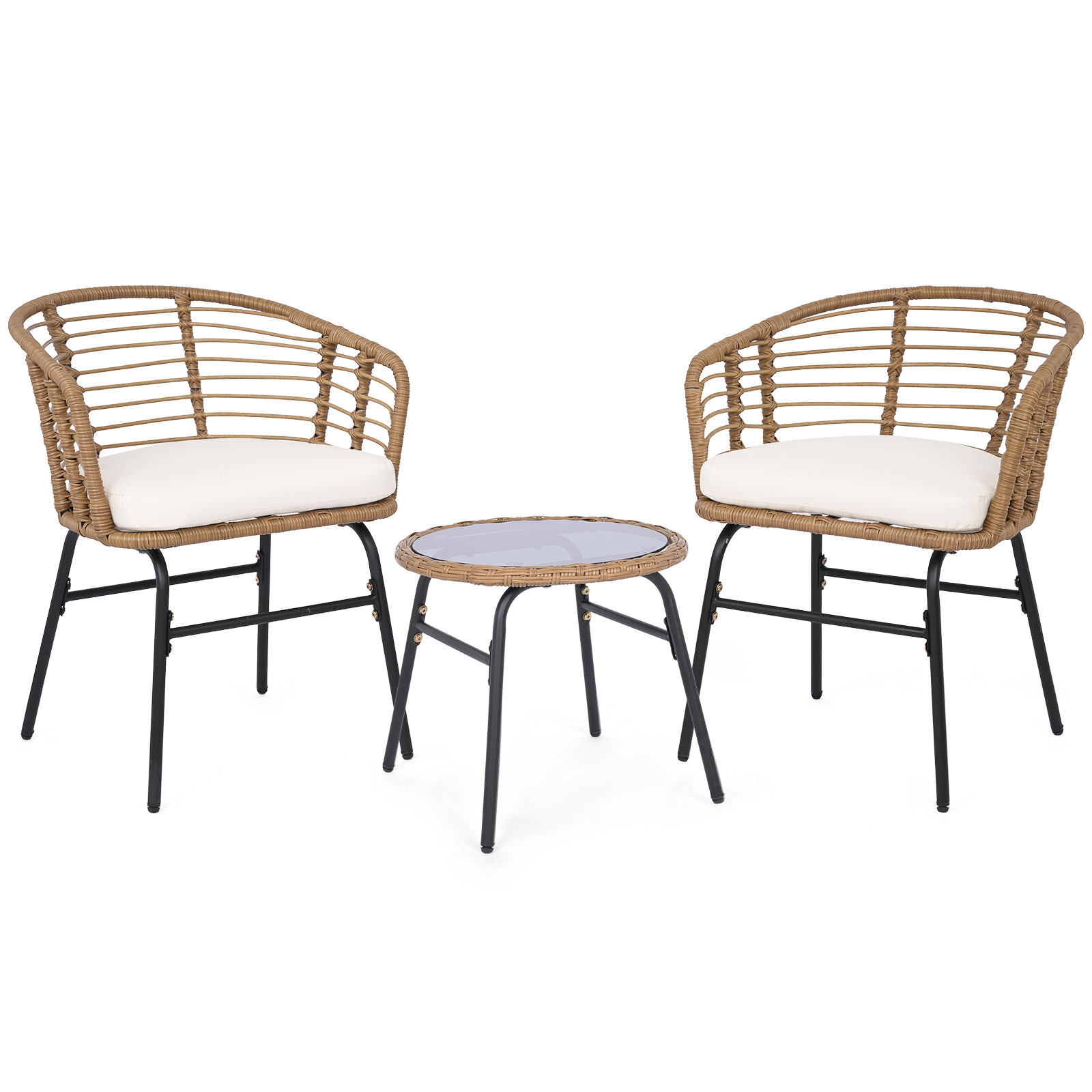 Costway Conjunto de Ratán PE para Exterior con Cojines Suaves Estructura Metal Tablero Vidrio Templado para Patio Terraza Beige