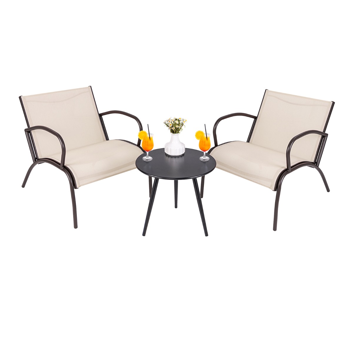 Costway Conjunto de Sillas de Patio de 3 Piezas con Asiento de Tela Curvada y Mesa de Café Redonda para Patio Porche 81 x 63 x 73 cm Marrón Claro