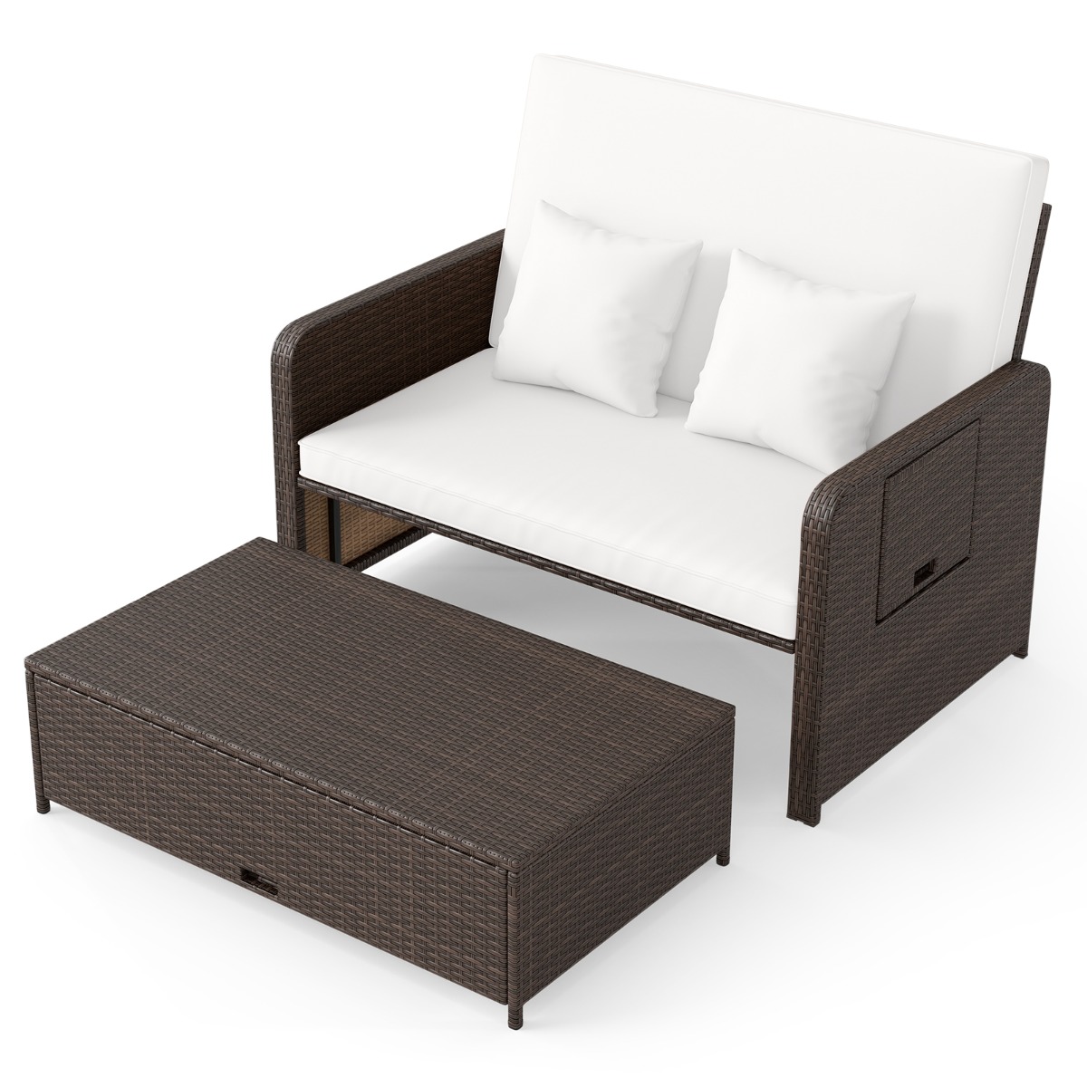 Costway Conjunto de Tumbona y Sofá de Ratán para Patio 2 Piezas con Otomana Almacenamiento Respaldo Ajustable Mesas Plegables Crema