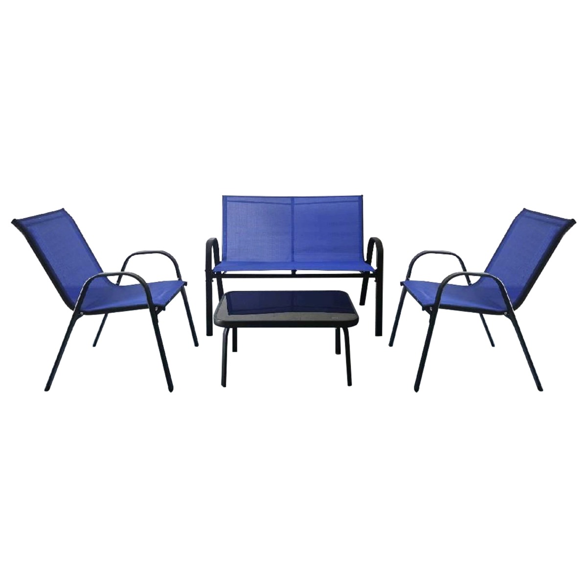 Costway Conjunto Jardín Exterior de 4 Piezas Mesa de Café de Cristal Templado Banco y 2 Sillas Individuales Tela Textilene Mesa y Sillas Azul
