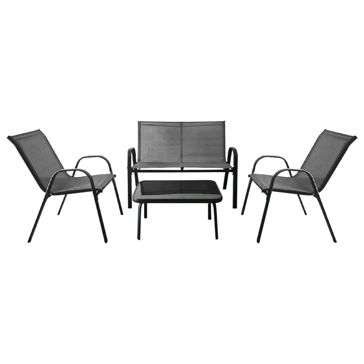 Costway Conjunto Jardín Exterior de 4 Piezas Mesa de Café de Cristal Templado Banco y 2 Sillas Individuales Tela Textilene Mesa y Sillas Gris