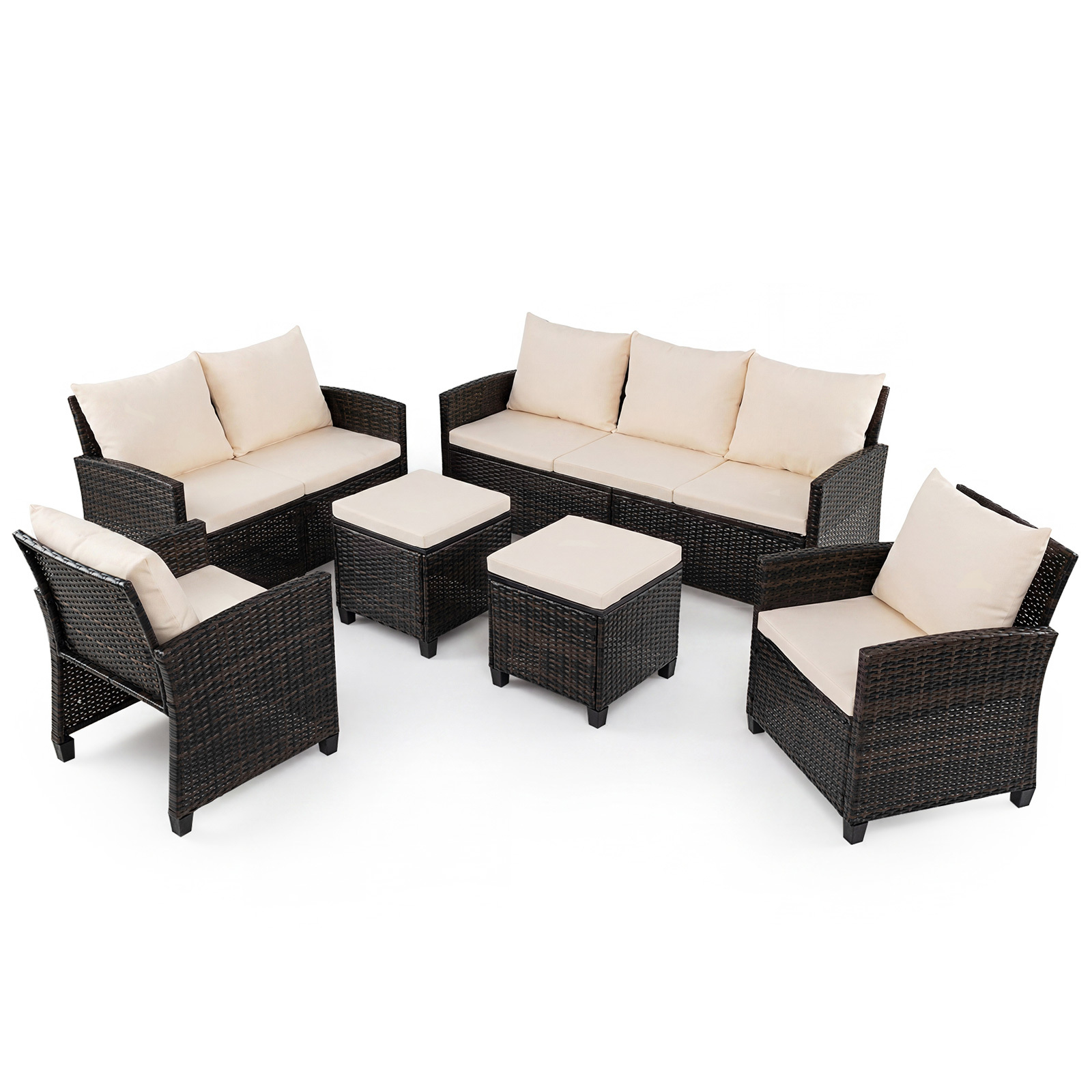 Costway Conjunto Jardín Ratán 6 Piezas con 2 Sofás 2 Sillones 2 Reposapiés 16 Cojines Acolchados para Terraza Patio Piscina Beige