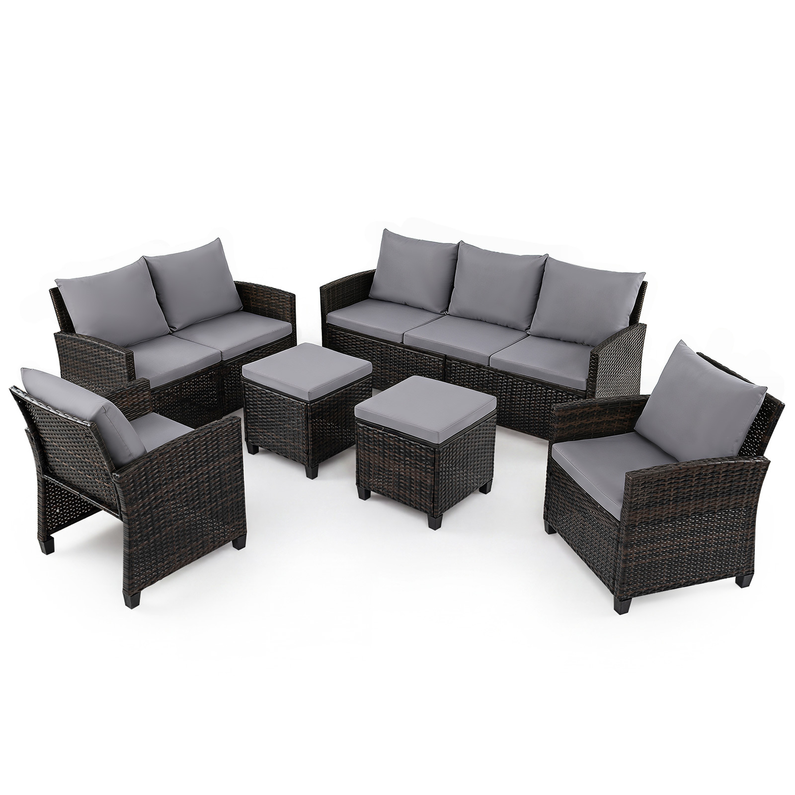 Costway Conjunto Jardín Ratán 6 Piezas con 2 Sofás 2 Sillones 2 Reposapiés 16 Cojines Acolchados para Terraza Patio Piscina Gris