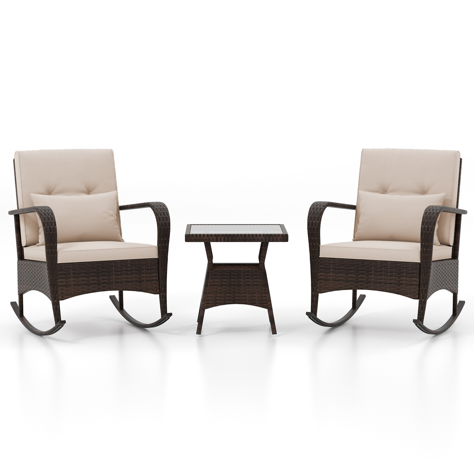 Costway Conjunto Muebles Jardín Ratán PE Mesa Vidrio Templado 2 Sillas Mecedoras con Cojines para Terraza Patio Marrón