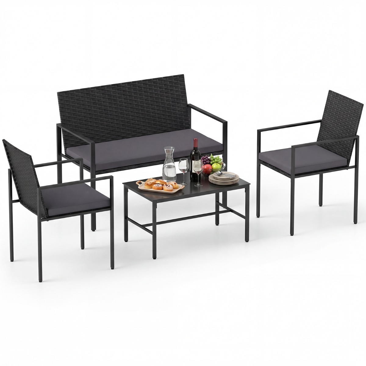 Costway Conjunto Muebles Patio 4 Piezas Ratán Exterior Sillas y Sofá Mesa Café Vidrio Templado Cojines Suaves Jardín Porche Balcón Gris