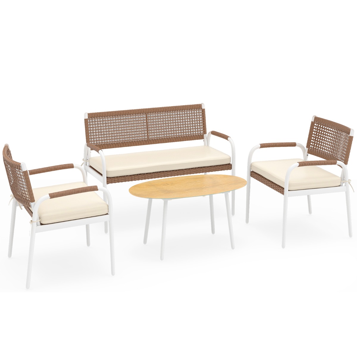 Costway Conjunto Patio 4 Piezas Sofá 2 Plazas Ratán PE con 2 Sillones Cojines Mesa Vidrio Templado para Balcón Porche Jardín Beige