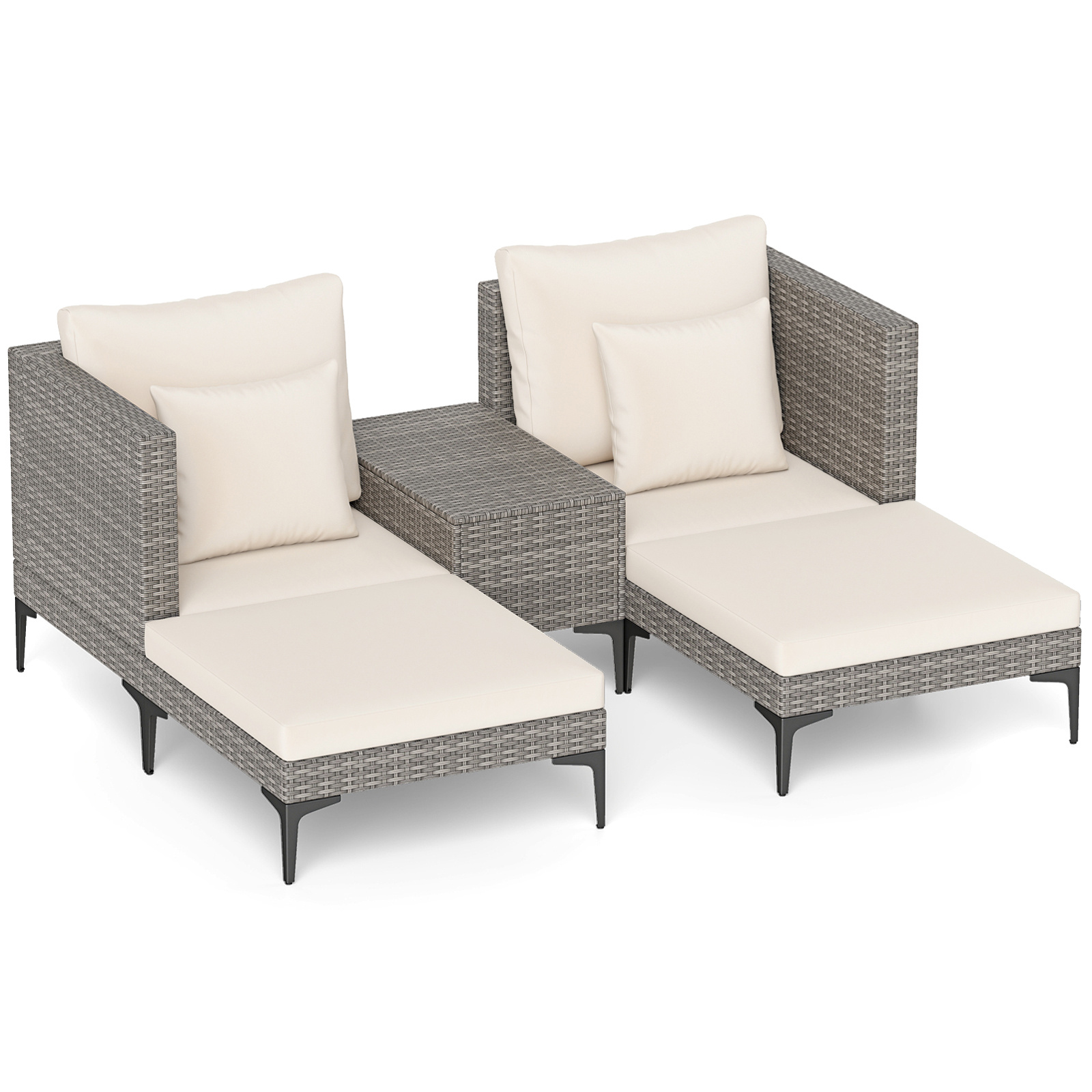 Costway Conjunto Ratán Exterior 5 Piezas con Mesa Auxiliar 2 Sofás 2 Reposapiés Cojines Almohadas Suaves Modular para Patio Terraza Balcón Blanco