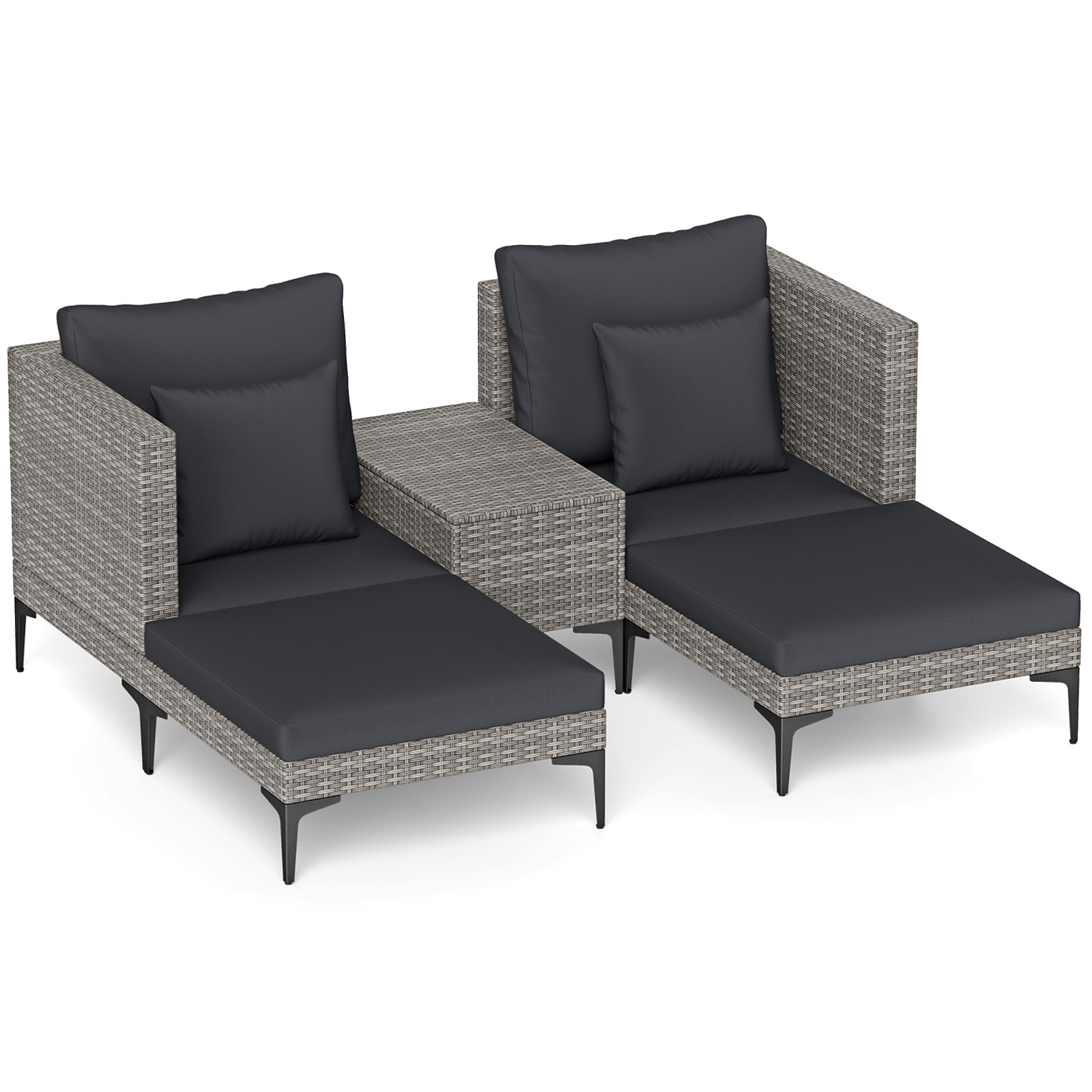 Costway Conjunto Ratán Exterior 5 Piezas con Mesa Auxiliar 2 Sofás 2 Reposapiés Cojines Almohadas Suaves Modular para Patio Terraza Balcón Gris