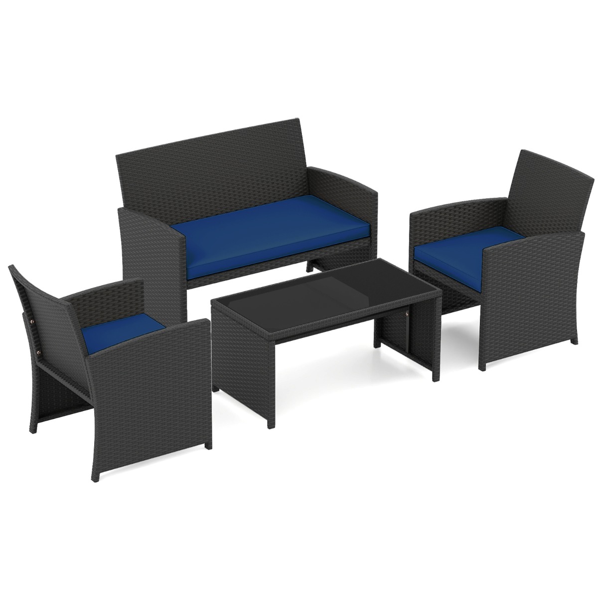 Costway Conjunto Ratán Patio 4 Piezas Sillones 2 Plazas Mesa Vidrio Templado Acolchados Exterior Porche Piscina Azul Oscuro