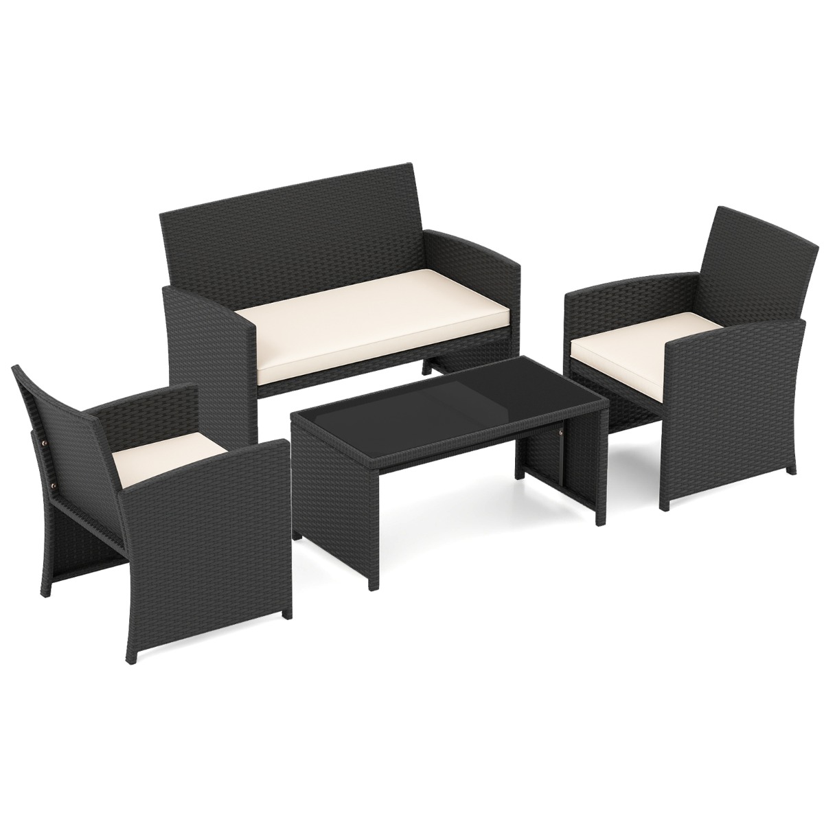 Costway Conjunto Ratán Patio 4 Piezas Sillones 2 Plazas Mesa Vidrio Templado Acolchados Exterior Porche Piscina Crema