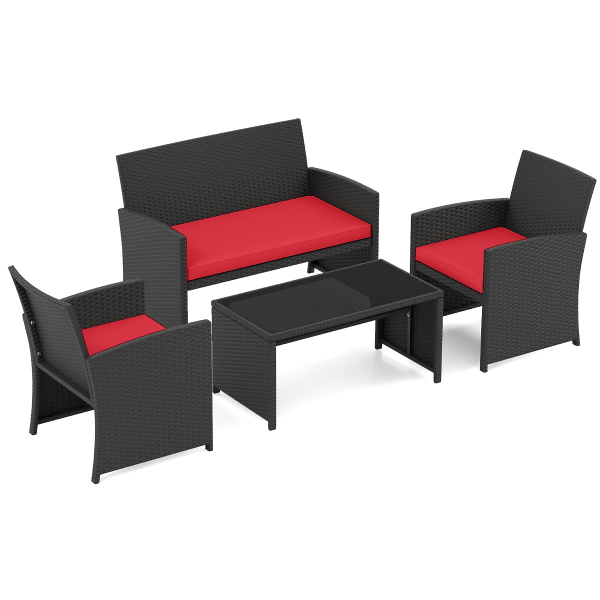 Costway Conjunto Ratán Patio 4 Piezas Sillones 2 Plazas Mesa Vidrio Templado Acolchados Exterior Porche Piscina Rojo
